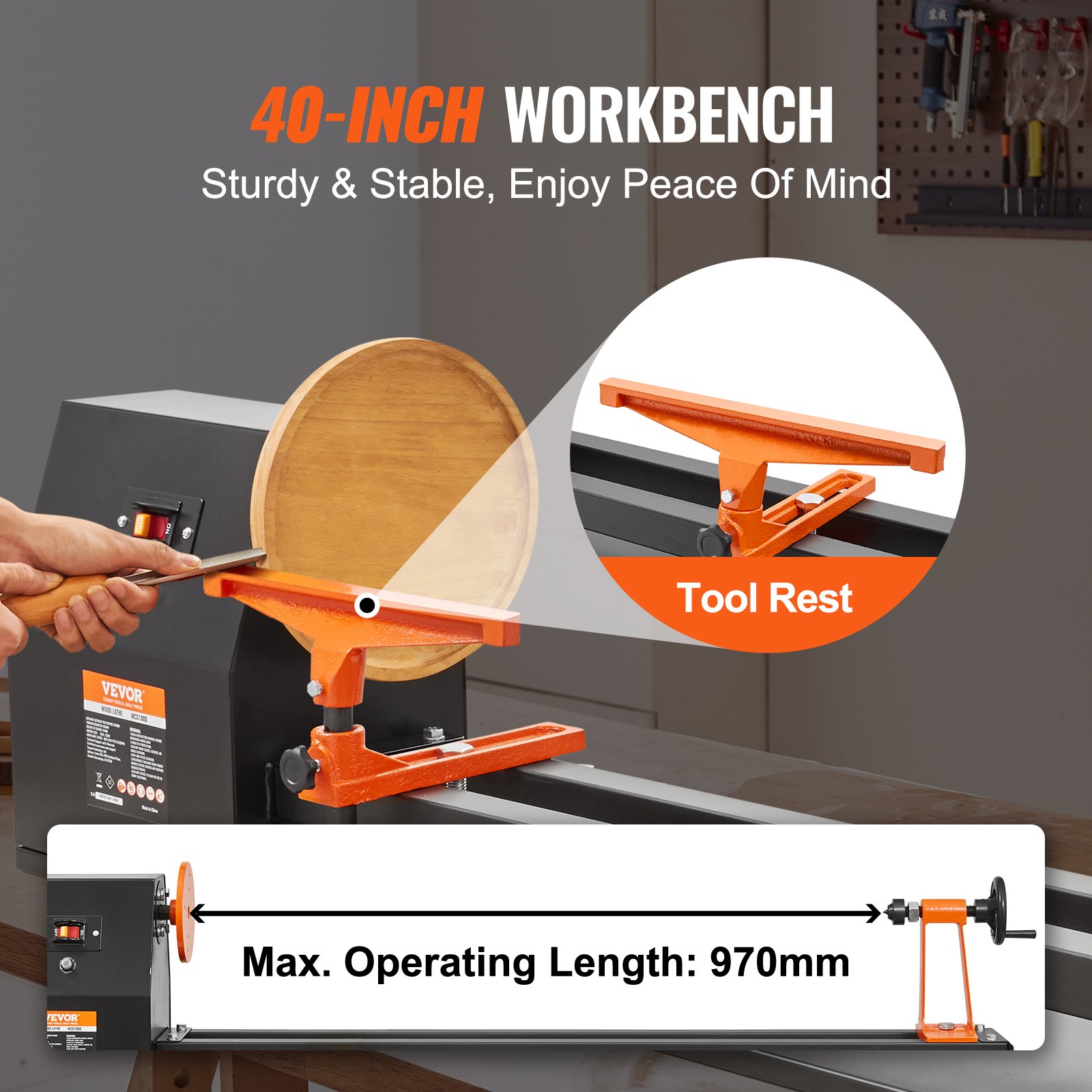 VEVOR Tabletop Wood Lathe, Dimensions 14x40 inches, Motor Power 0.5 HP 370W, Features Variable Speeds 885/1245/1715/2425 RPM, Includes Chisels, Faceplate, Plastic Handle, Hex Wrench, Ideal for Craf