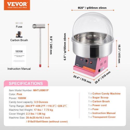 Máquina De Algodón De Azúcar VEVOR - 1000W, Acero Inoxidable, Incluye Accesorios (color Rosa)