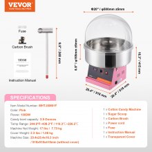 VEVOR Electric Cotton Candy Machine, 1000W Candy Floss Maker, Commercial Cotton Candy Machine with Cover, Stainless Steel Bowl, and Sugar Scoop, Perfect for Home Kids Birthday, Family Party (Pink)