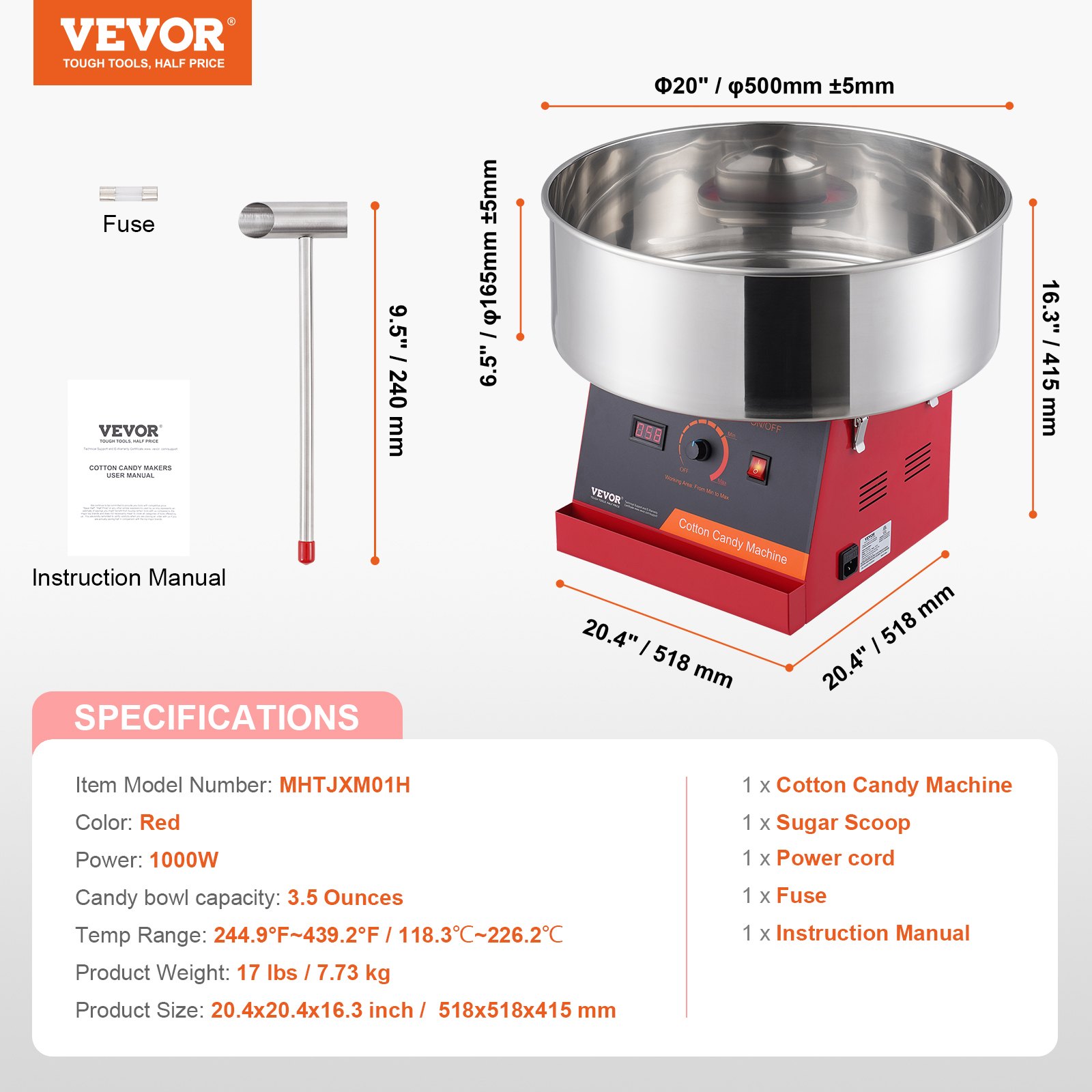 VEVOR Electric Cotton Candy Machine, 1000W Candy Floss Maker, Commercial Cotton Candy Machine with Stainless Steel Bowl, and Sugar Scoop, Perfect for Home Kids Birthday, Family Party (Red)