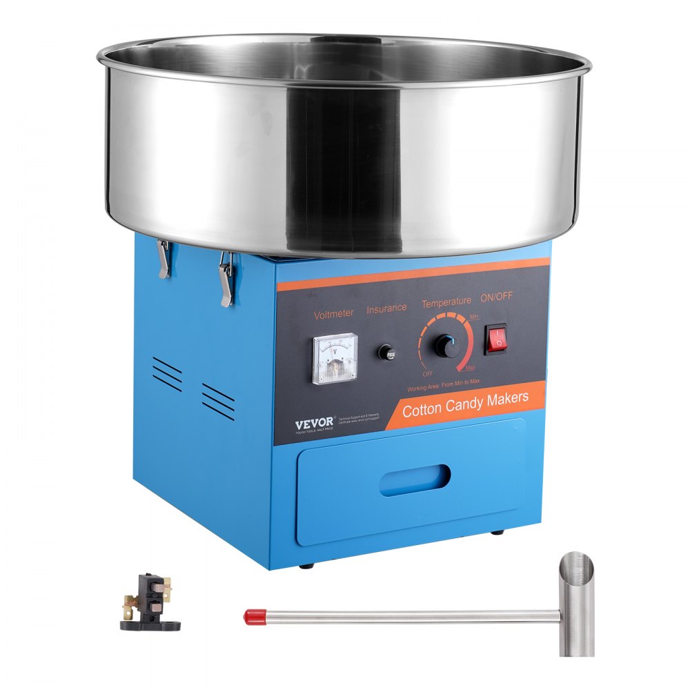 VEVOR cotton candy machine with stainless steel bowl, blue base, voltmeter, temperature knob.