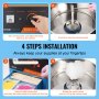 VEVOR cotton candy machine installation guide in 4 steps with visuals of controls, floss, and cotton candy.