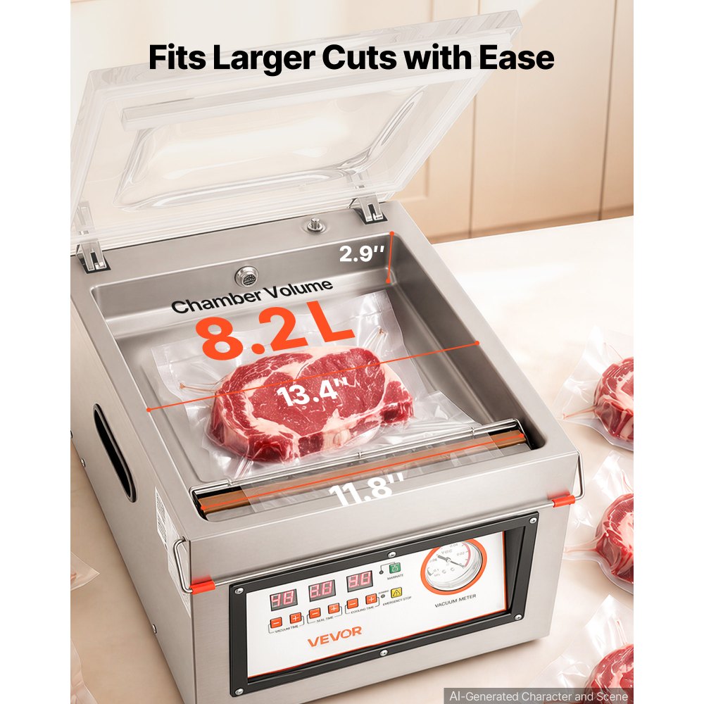 VEVOR Chamber Vacuum Sealer 8.2L Chamber 299.7 mm Seal Bar Packing Machine, for Home Kitchen, 180W Commercial-Grade Oil Pump, Stainless Steel Food Packaging Machine for Meats, Marinades & Sous Vide