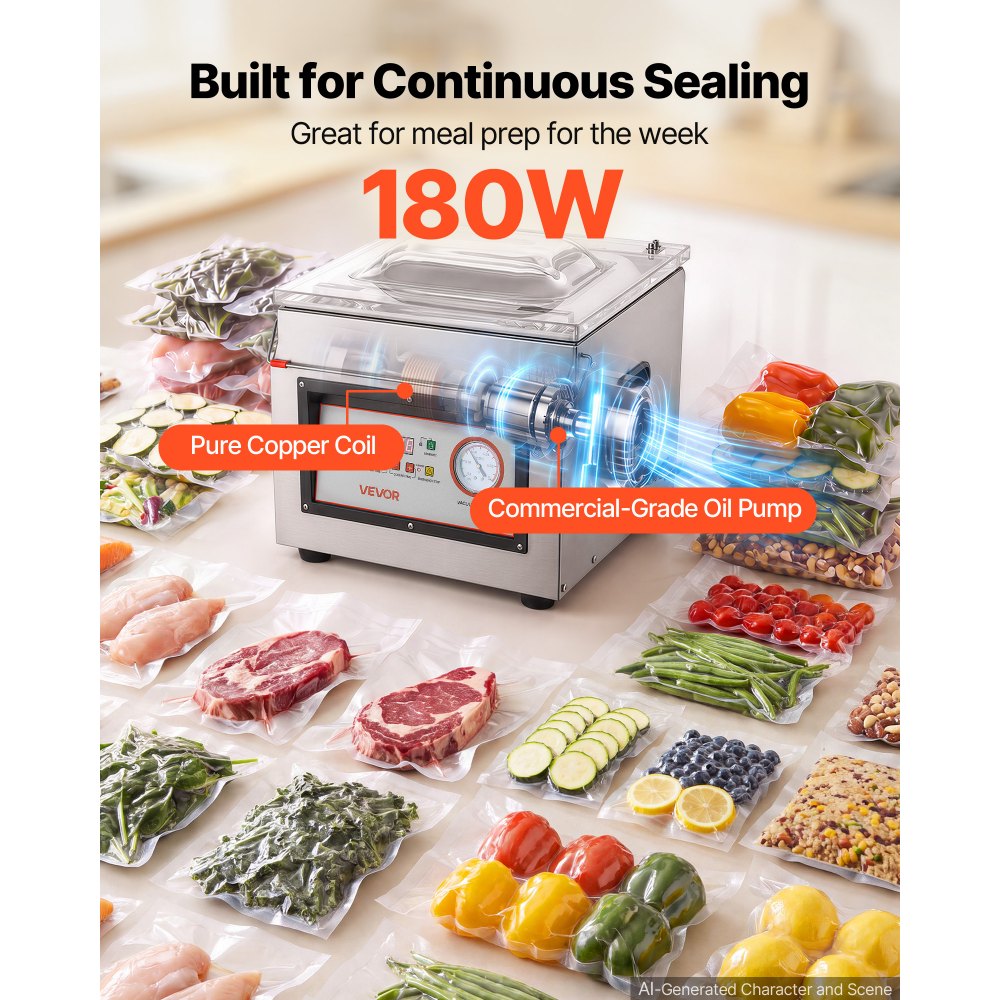 VEVOR Chamber Vacuum Sealer 8.2L Chamber 299.7 mm Seal Bar Packing Machine, for Home Kitchen, 180W Commercial-Grade Oil Pump, Stainless Steel Food Packaging Machine for Meats, Marinades & Sous Vide