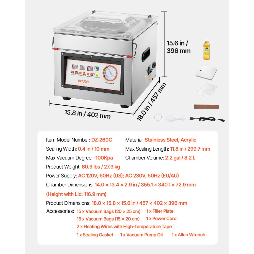 VEVOR Chamber Vacuum Sealer 8.2L Chamber 299.7 mm Seal Bar Packing Machine, for Home Kitchen, 180W Commercial-Grade Oil Pump, Stainless Steel Food Packaging Machine for Meats, Marinades & Sous Vide
