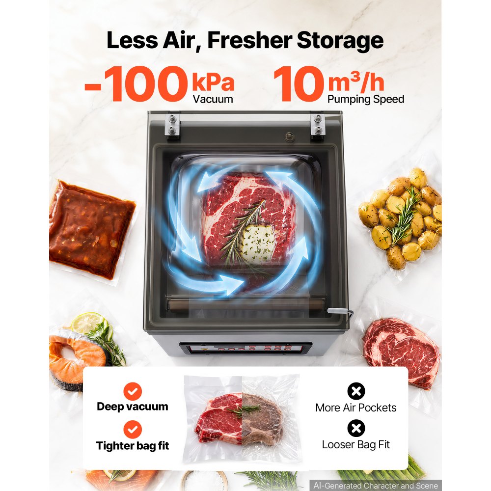 VEVOR Chamber Vacuum Sealer 11.8L Chamber 304.8 mm Seal Bar Packing Machine, for Home Kitchen, 370W Commercial-Grade Oil Pump, Food Packaging Machine for Meats, Marinades, Mason Jar Kit & Sous Vide
