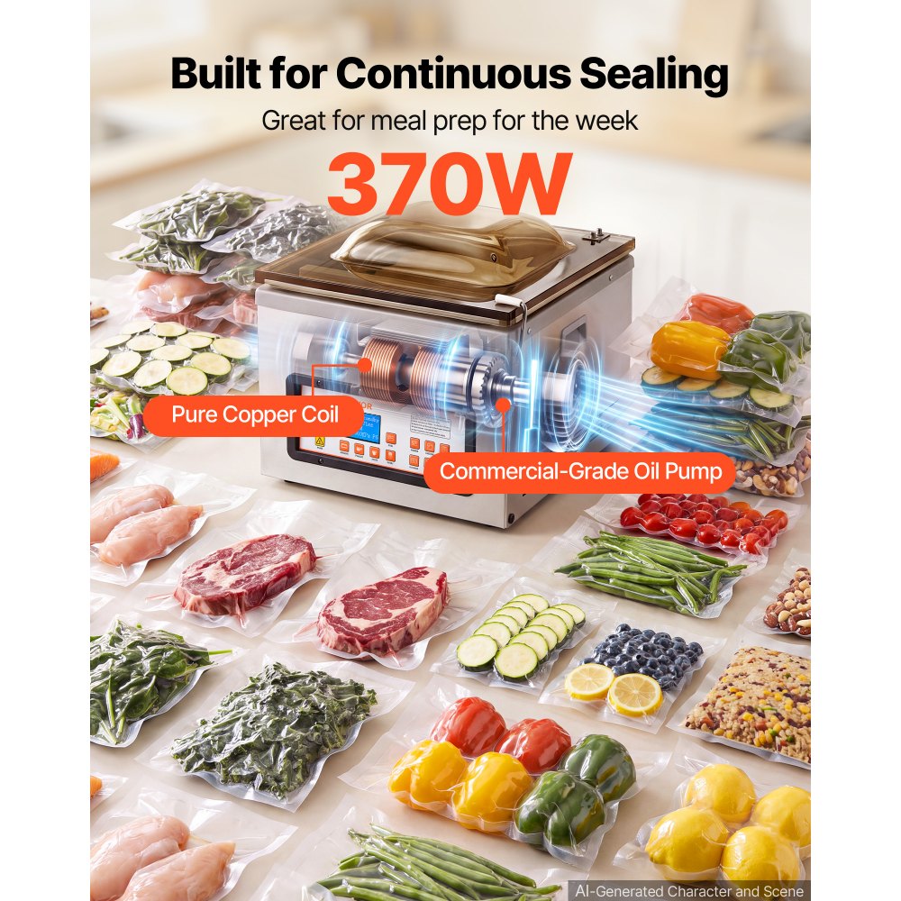 VEVOR Chamber Vacuum Sealer 11.8L Chamber 304.8 mm Seal Bar Packing Machine, for Home Kitchen, 370W Commercial-Grade Oil Pump, Food Packaging Machine for Meats, Marinades, Mason Jar Kit & Sous Vide