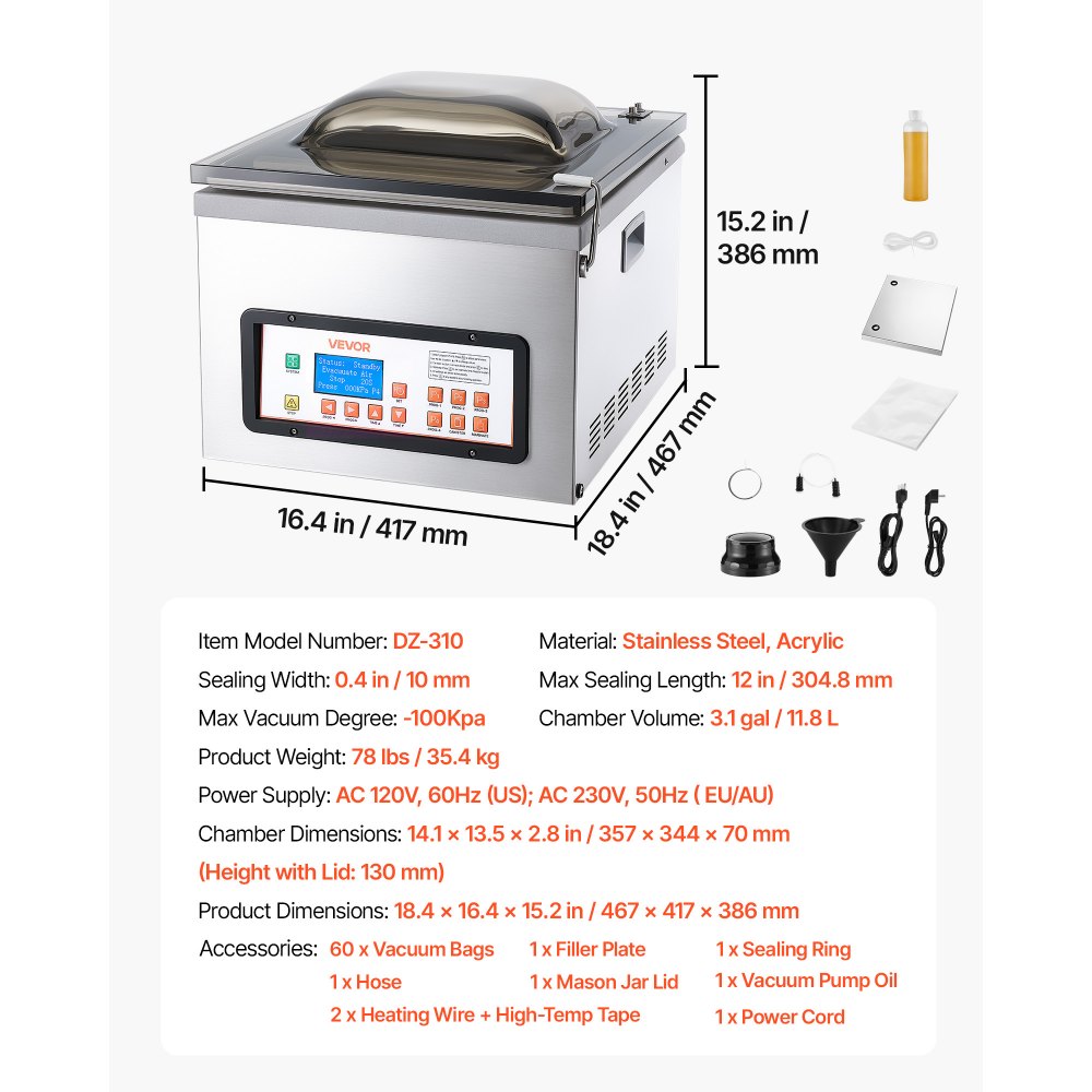 VEVOR Chamber Vacuum Sealer 11.8L Chamber 304.8 mm Seal Bar Packing Machine, for Home Kitchen, 370W Commercial-Grade Oil Pump, Food Packaging Machine for Meats, Marinades, Mason Jar Kit & Sous Vide