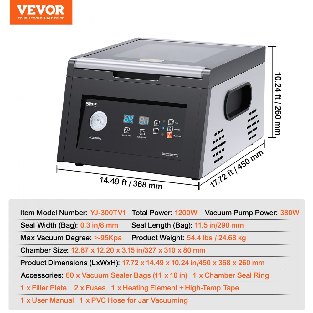 VEVOR Chamber Vacuum Sealer, 380W Vacuum Pump Power, Sealing Bag Packing Machine for Wet Foods, Meat, Compact Design with 290 mm Sealing Length, Ideal Commercial Sealer for Professional and Home Use