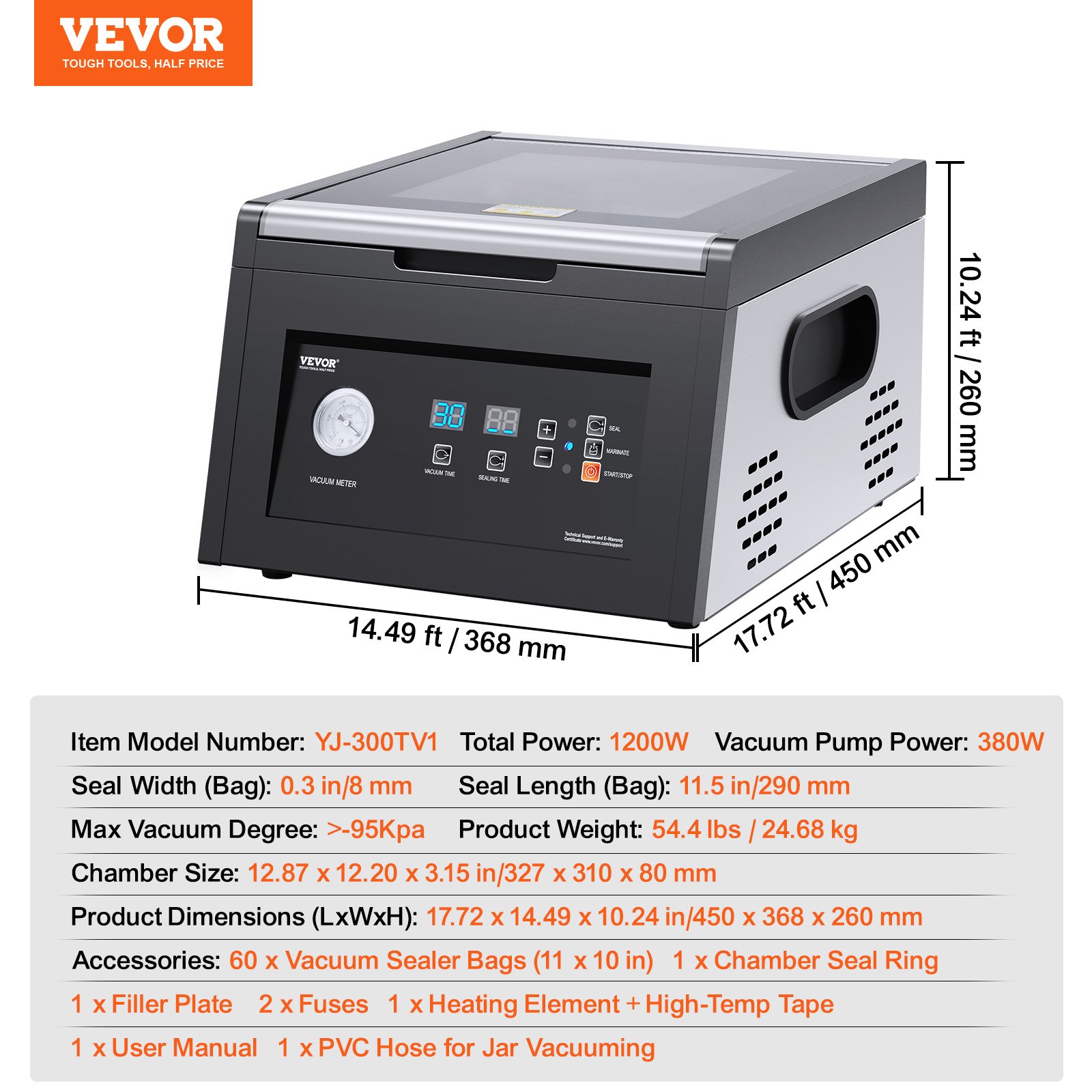 VEVOR Chamber Vacuum Sealer, 380W Vacuum Pump Power, Sealing Bag Packing Machine for Wet Foods, Meat, Compact Design with 290 mm Sealing Length, Ideal Commercial Sealer for Professional and Home Use