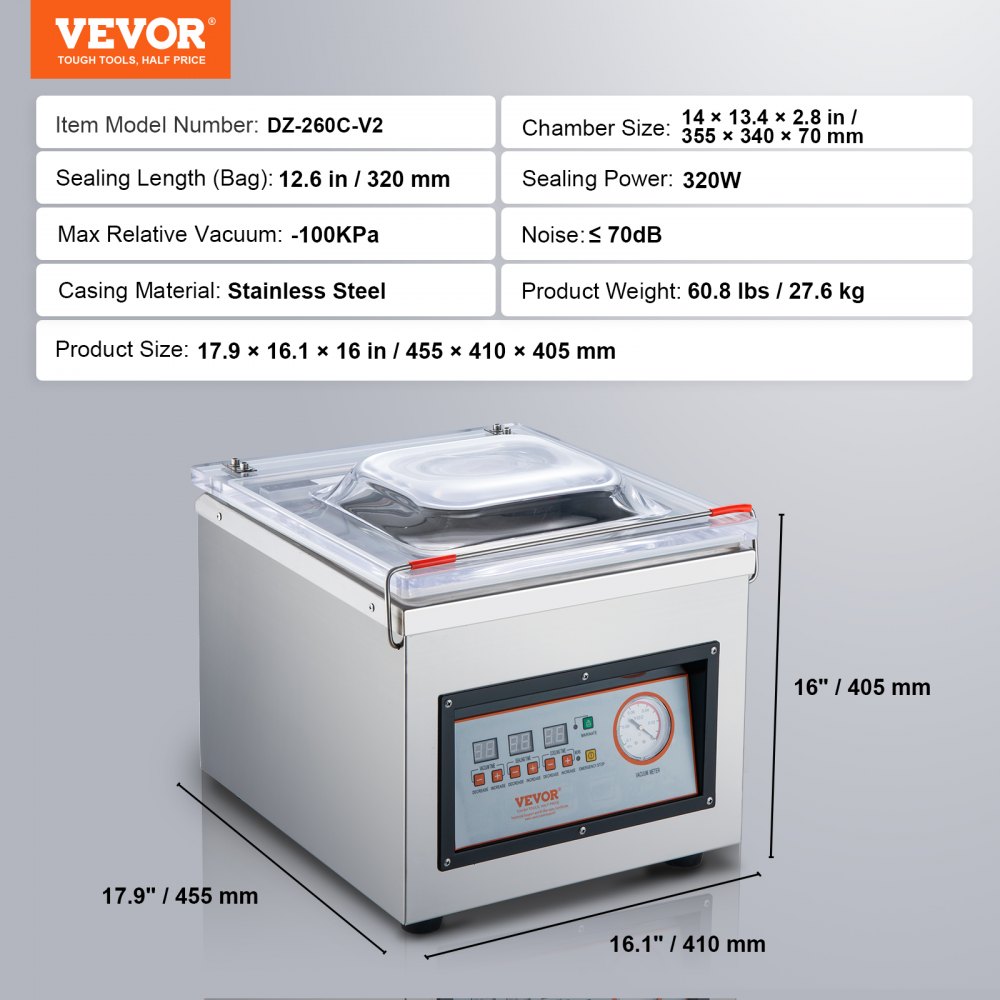 VEVOR Chamber Vacuum Sealer, 320W Sealing Power, Vacuum Packing Machine for Wet Foods, Meats, Marinades and More, Compact Size with 320 mm Sealing Length, Applied in Home Kitchen and Commercial Use