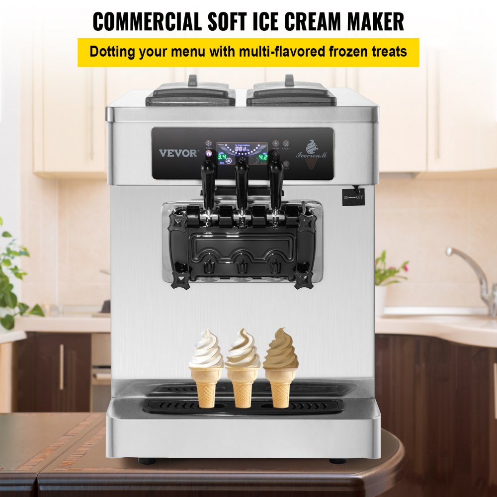 VEVOR Máquina para hacer helados comercial VEVOR, rendimiento de 20-28 l/h,  máquina de servicio suave de 2 + 1 sabores con dos tolvas de 7 l, cilindros  de 1,8 l que inflan