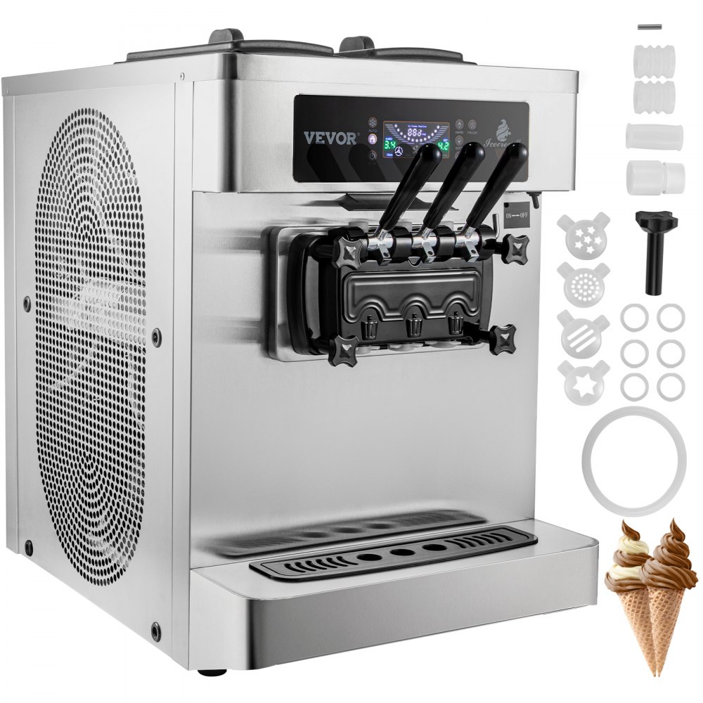 VEVOR Countertop Ice Cream Maker, 20-28L/H Yield, 2+1 Flavors Soft Serve Machine w/ Two 7L Hoppers 1.8L Cylinders Puffing Pre-Cooling Shortage Alarm, 2450W Frozen Yogurt Maker for Restaurant Snack Bar
