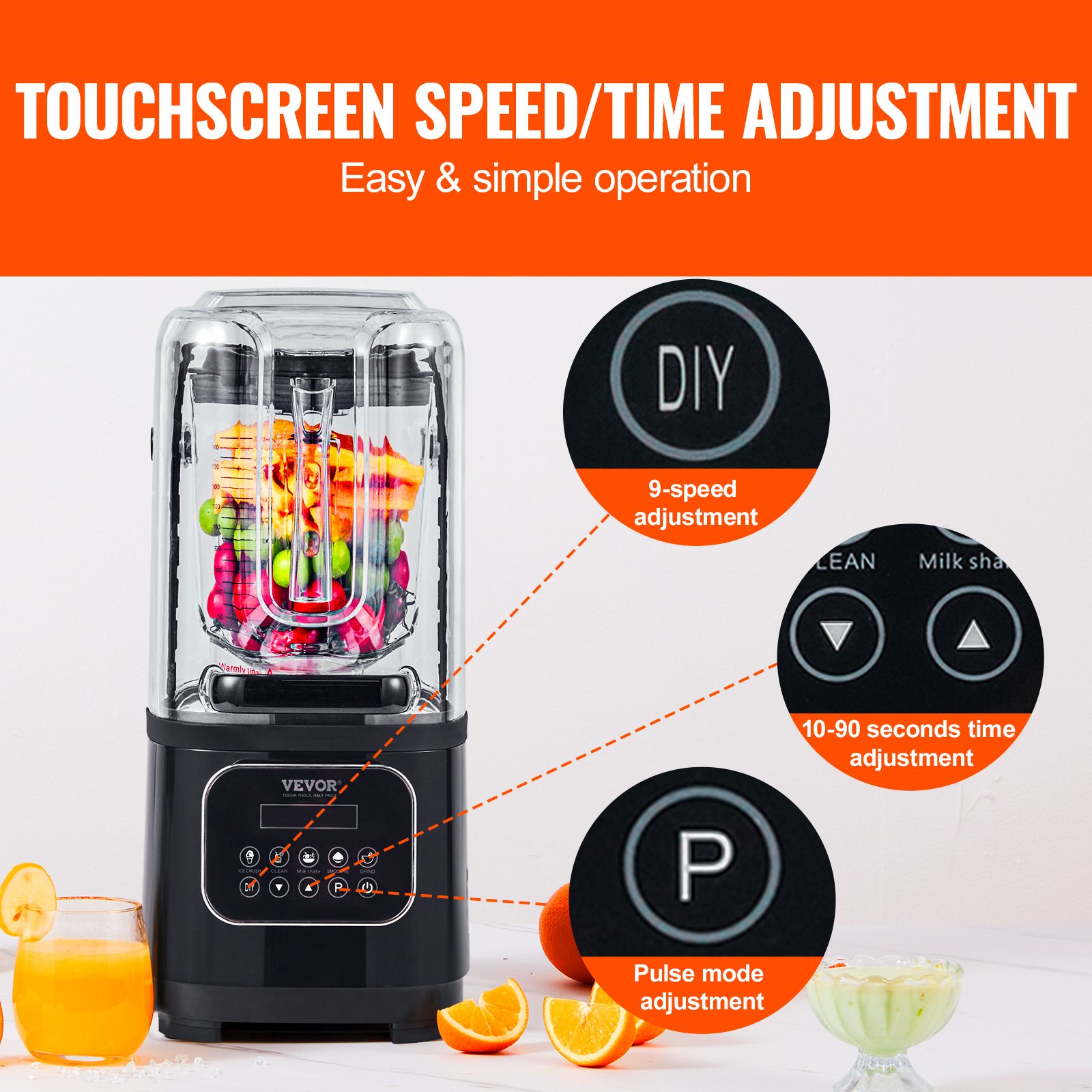 VEVOR Professional Blender with Shield, Commercial Countertop Blenders, 68 oz Plastic Jar Blender Combo, Stainless Steel 9 Speed & 5 Functions Blender, for Shakes, Smoothies, Peree, and Crush Ice