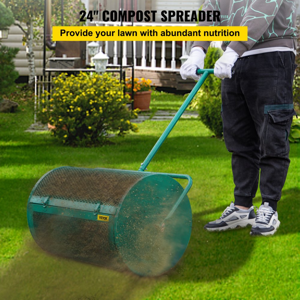 Esparcidor de compost VEVOR, 24" para suelo de musgo de turba, metal con recubrimiento en polvo, cesta de malla con agujeros de 2/5 x 3/5", poste ajustable de 24.4"/28.5" de largo, para uso en el cuidado del césped del jardín, verde