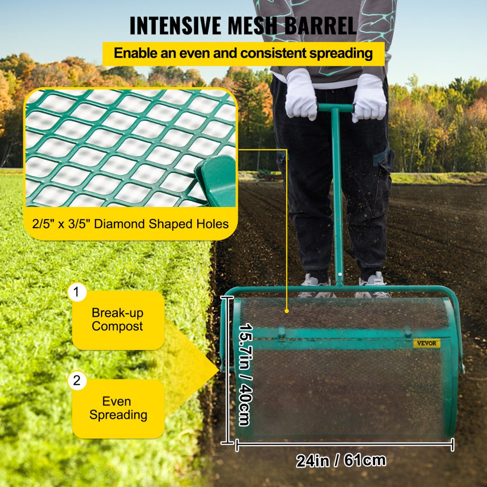 Esparcidor de compost VEVOR, 24" para suelo de musgo de turba, metal con recubrimiento en polvo, cesta de malla con agujeros de 2/5 x 3/5", poste ajustable de 24.4"/28.5" de largo, para uso en el cuidado del césped del jardín, verde