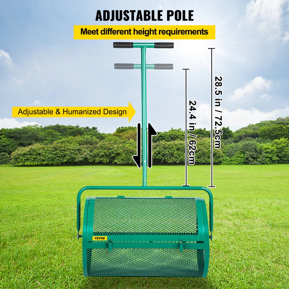 Esparcidor de compost VEVOR, 24" para suelo de musgo de turba, metal con recubrimiento en polvo, cesta de malla con agujeros de 2/5 x 3/5", poste ajustable de 24.4"/28.5" de largo, para uso en el cuidado del césped del jardín, verde