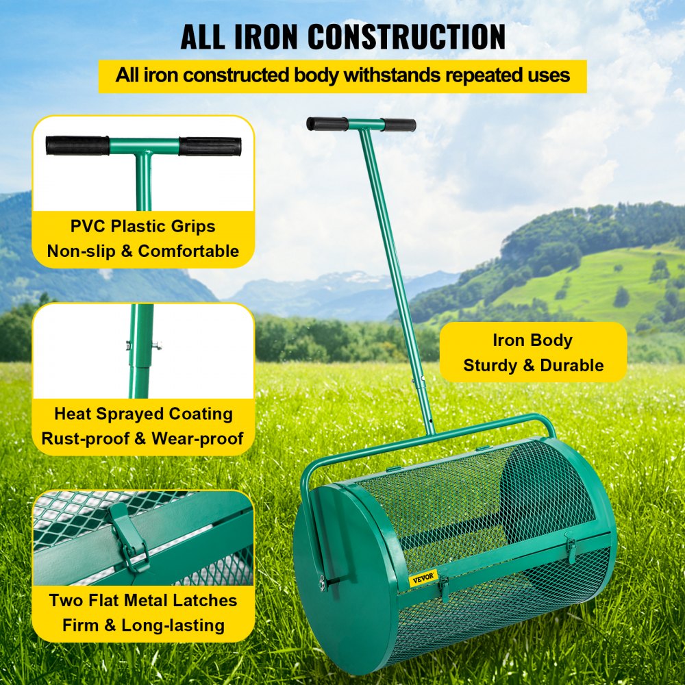 Esparcidor de compost VEVOR, 24" para suelo de musgo de turba, metal con recubrimiento en polvo, cesta de malla con agujeros de 2/5 x 3/5", poste ajustable de 24.4"/28.5" de largo, para uso en el cuidado del césped del jardín, verde
