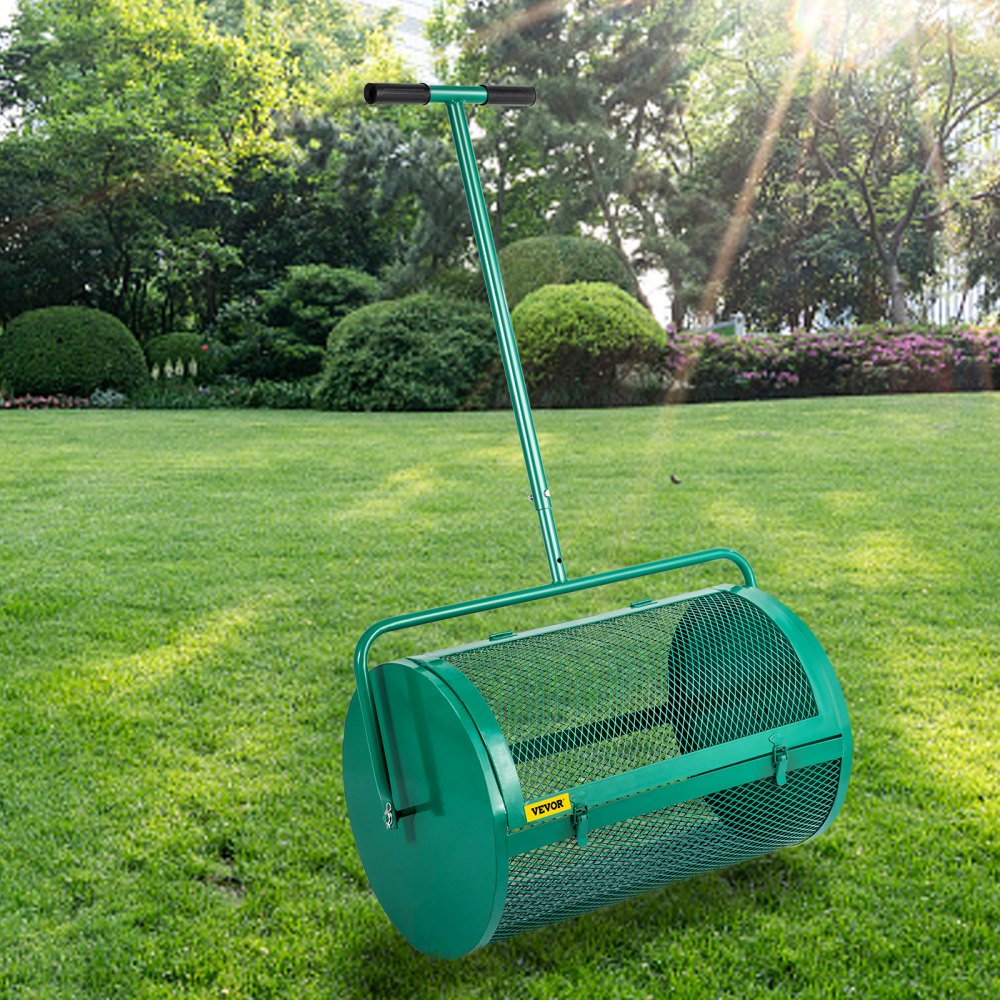 Esparcidor de compost VEVOR, 24" para suelo de musgo de turba, metal con recubrimiento en polvo, cesta de malla con agujeros de 2/5 x 3/5", poste ajustable de 24.4"/28.5" de largo, para uso en el cuidado del césped del jardín, verde