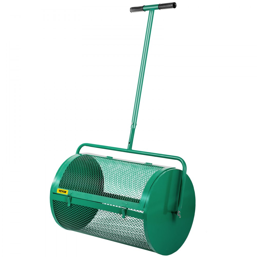 Esparcidor de compost VEVOR, 24" para suelo de musgo de turba, metal con recubrimiento en polvo, cesta de malla con agujeros de 2/5 x 3/5", poste ajustable de 24.4"/28.5" de largo, para uso en el cuidado del césped del jardín, verde