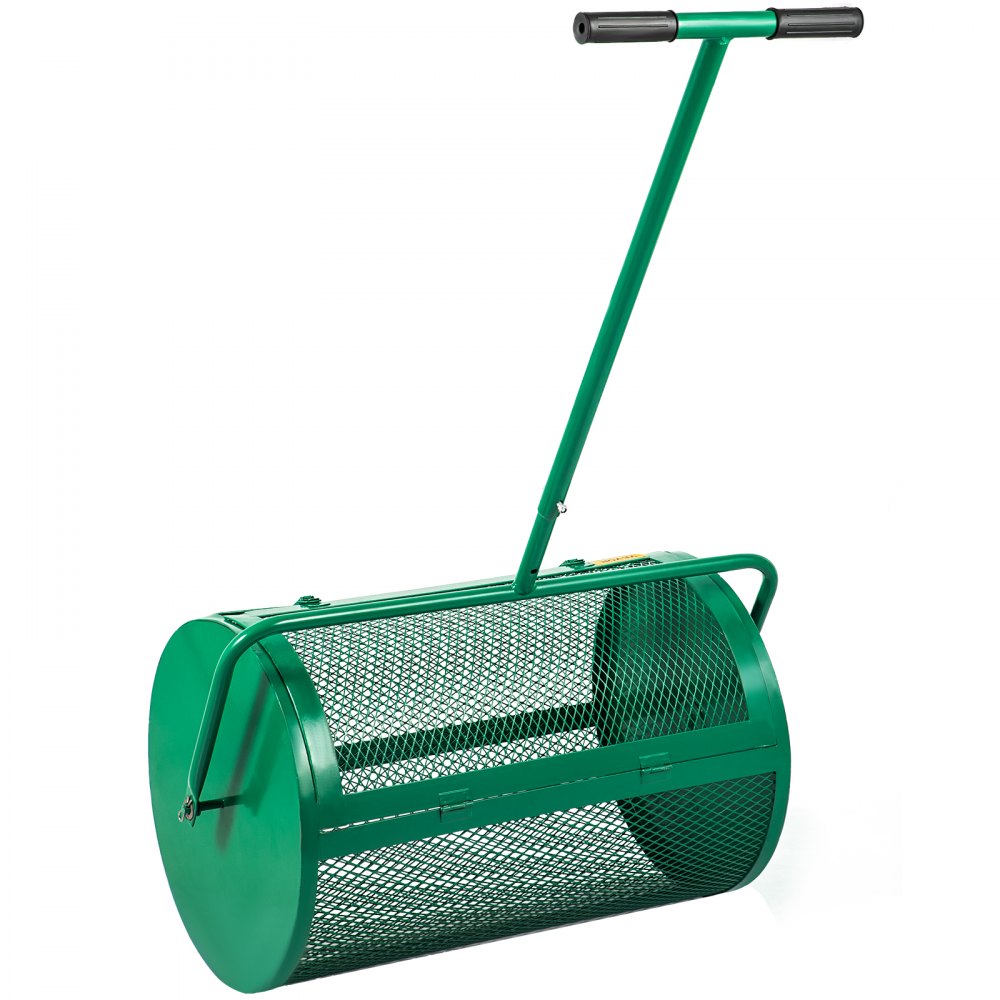 Esparcidor de compost VEVOR, 24" para suelo de musgo de turba, metal con recubrimiento en polvo, cesta de malla con agujeros de 2/5 x 3/5", poste ajustable de 24.4"/28.5" de largo, para uso en el cuidado del césped del jardín, verde