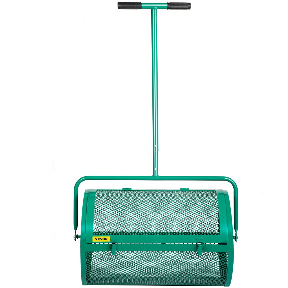 Esparcidor de compost VEVOR, 24" para suelo de musgo de turba, metal con recubrimiento en polvo, cesta de malla con agujeros de 2/5 x 3/5", poste ajustable de 24.4"/28.5" de largo, para uso en el cuidado del césped del jardín, verde
