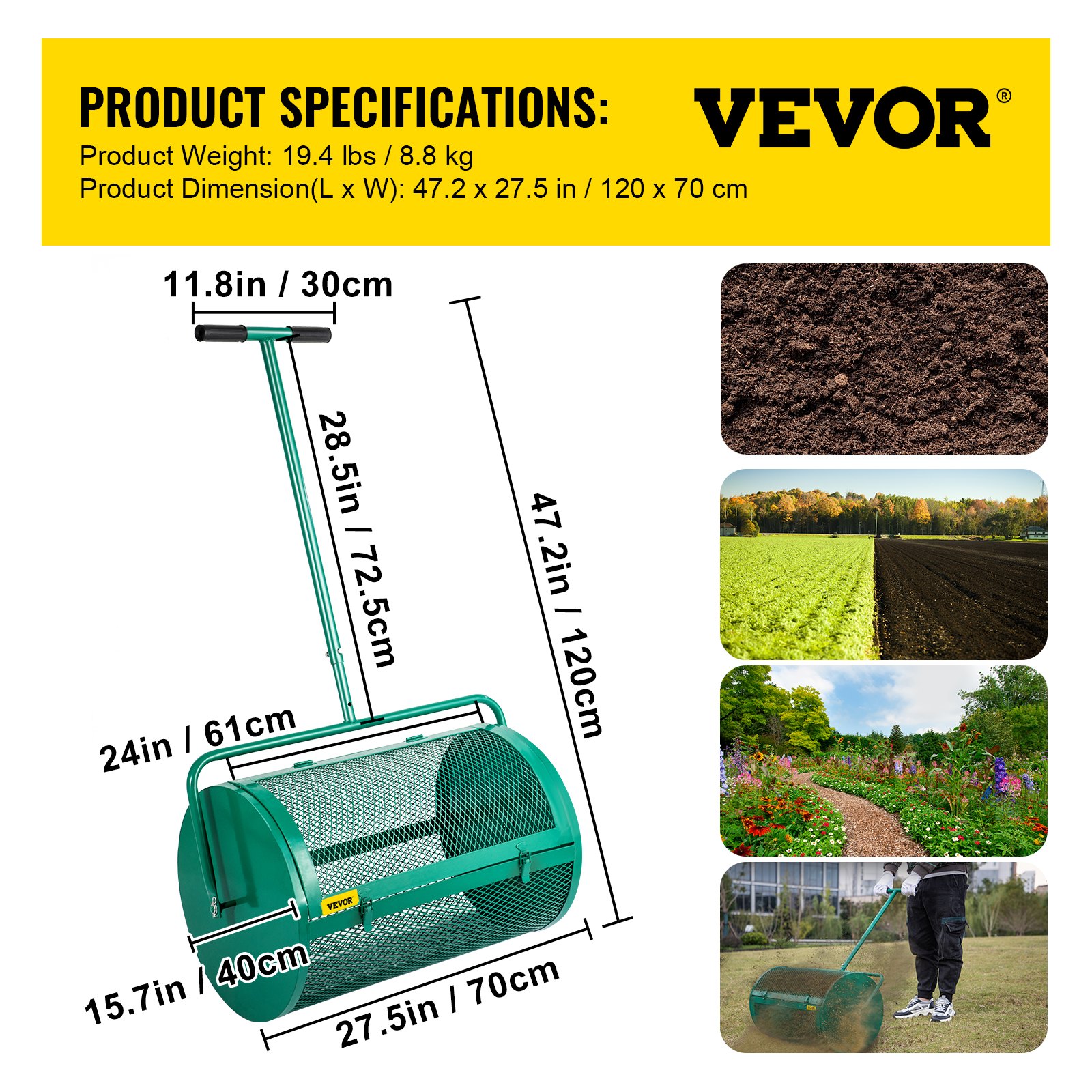 VEVOR Compost Spreader Peat Moss Spreader 24 inches Iron Lawn Garden Spreader