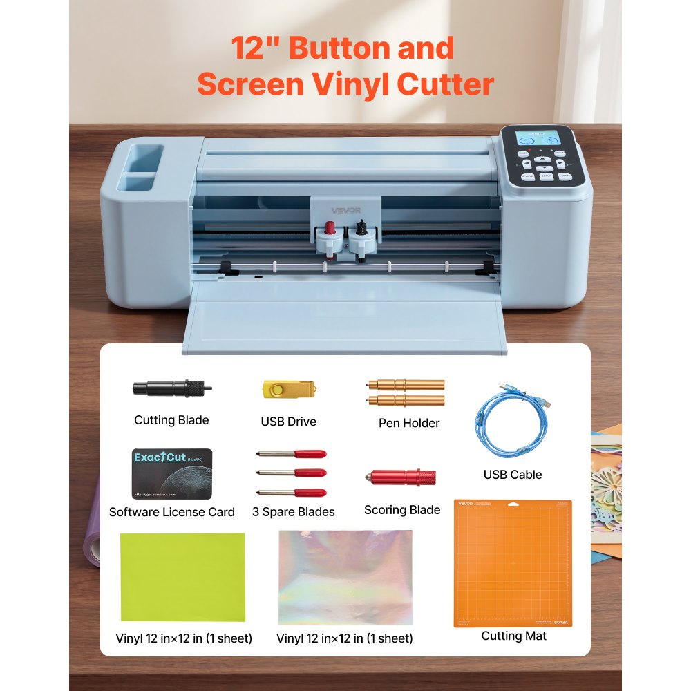 VEVOR Vinyl Cutting Machine, 305 mm, Button and Screen Controlled Vinyl Cutter, 20000+ Built-in Design Resources, Compatible with Mac, Windows, Android and iOS, for Creating Customized Crafts Cards