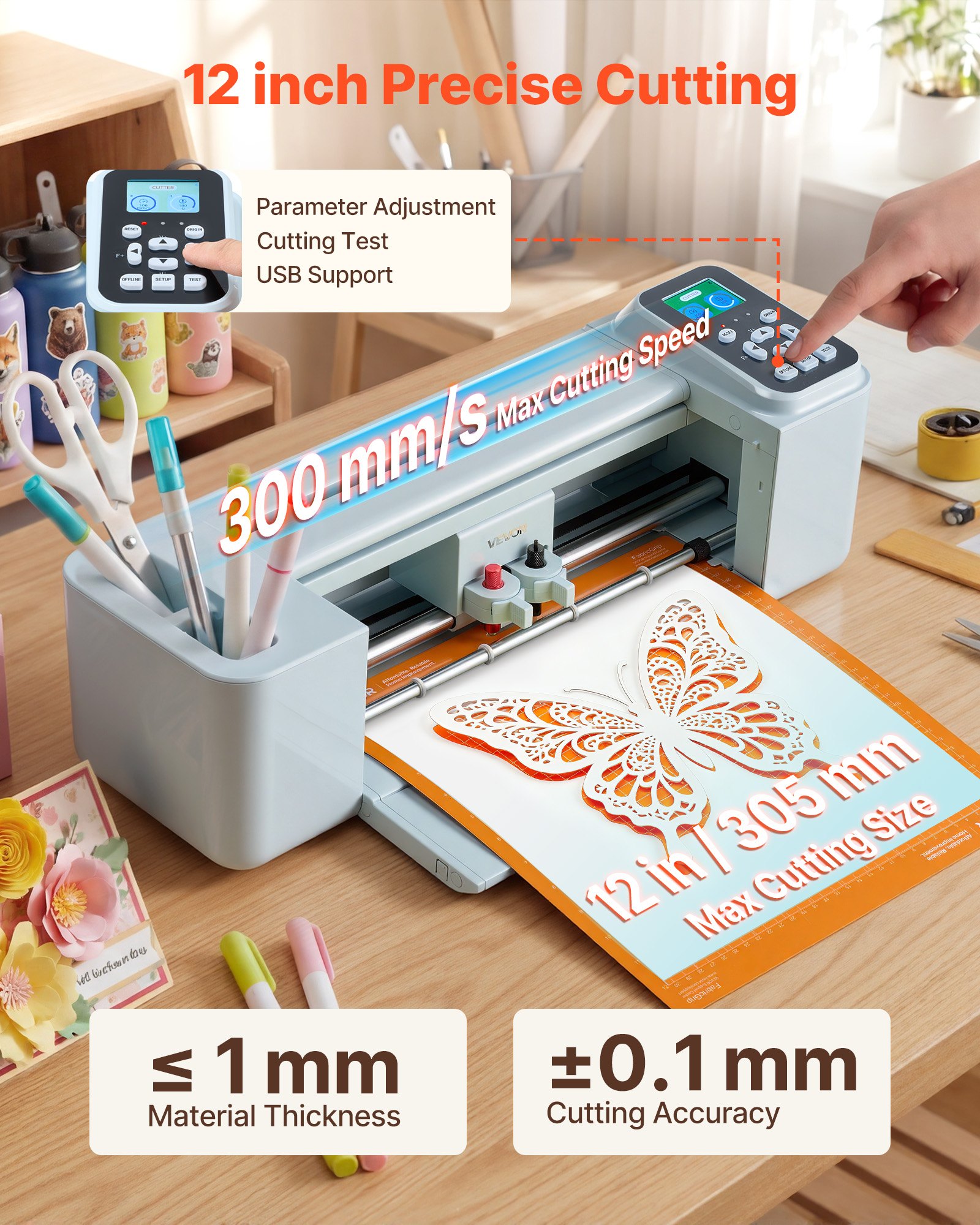 VEVOR Vinyl Cutting Machine, 305 mm, Button and Screen Controlled Vinyl Cutter, 20000+ Built-in Design Resources, Compatible with Mac, Windows, Android and iOS, for Creating Customized Crafts Cards