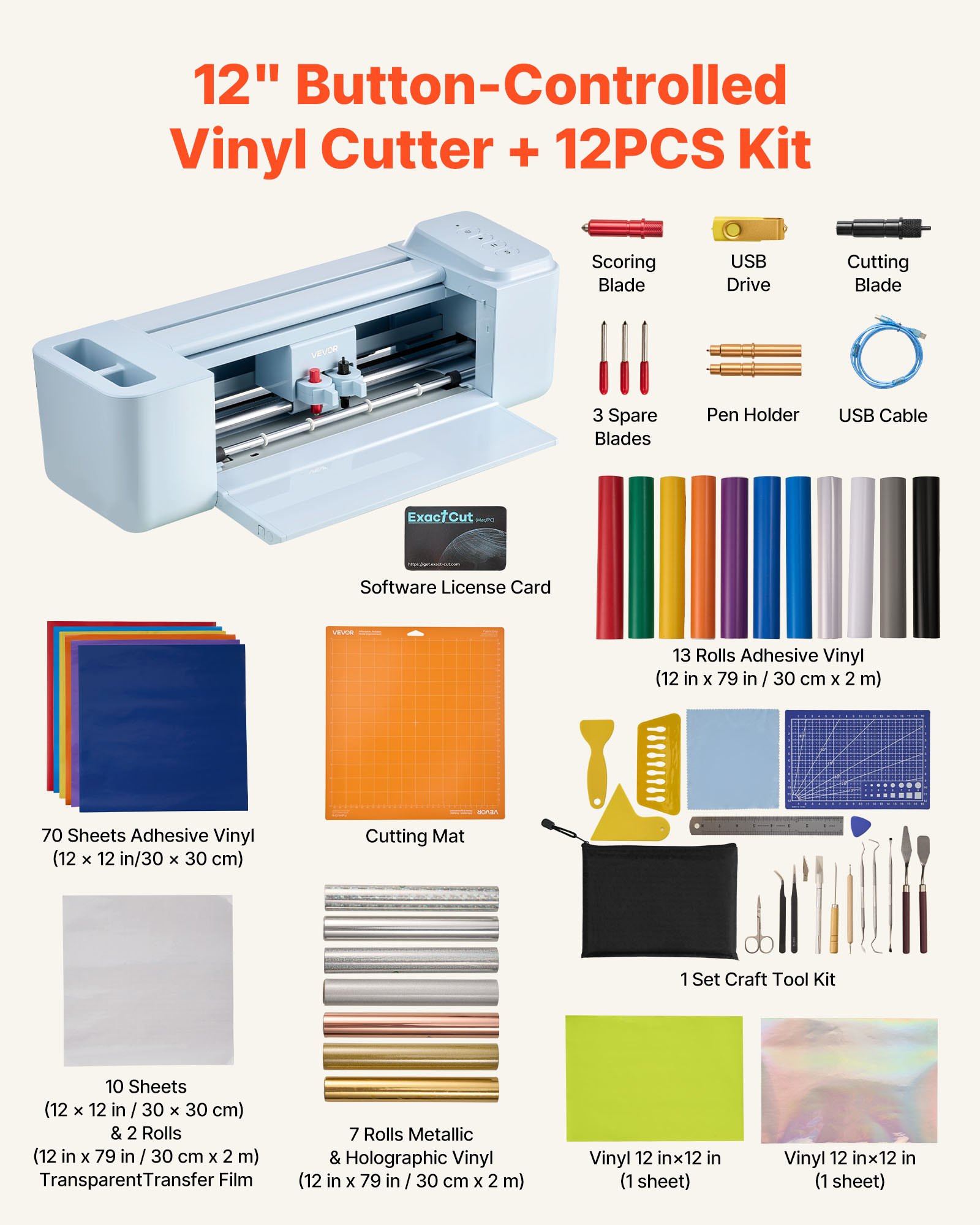 VEVOR Vinyl Cutting Machine, 12 in, Button-Controlled Vinyl Cutter with Materials and Tool Kit, 20000+ Built-in Design Resources, Compatible with Mac, Windows, Android and iOS, for Customized Cards