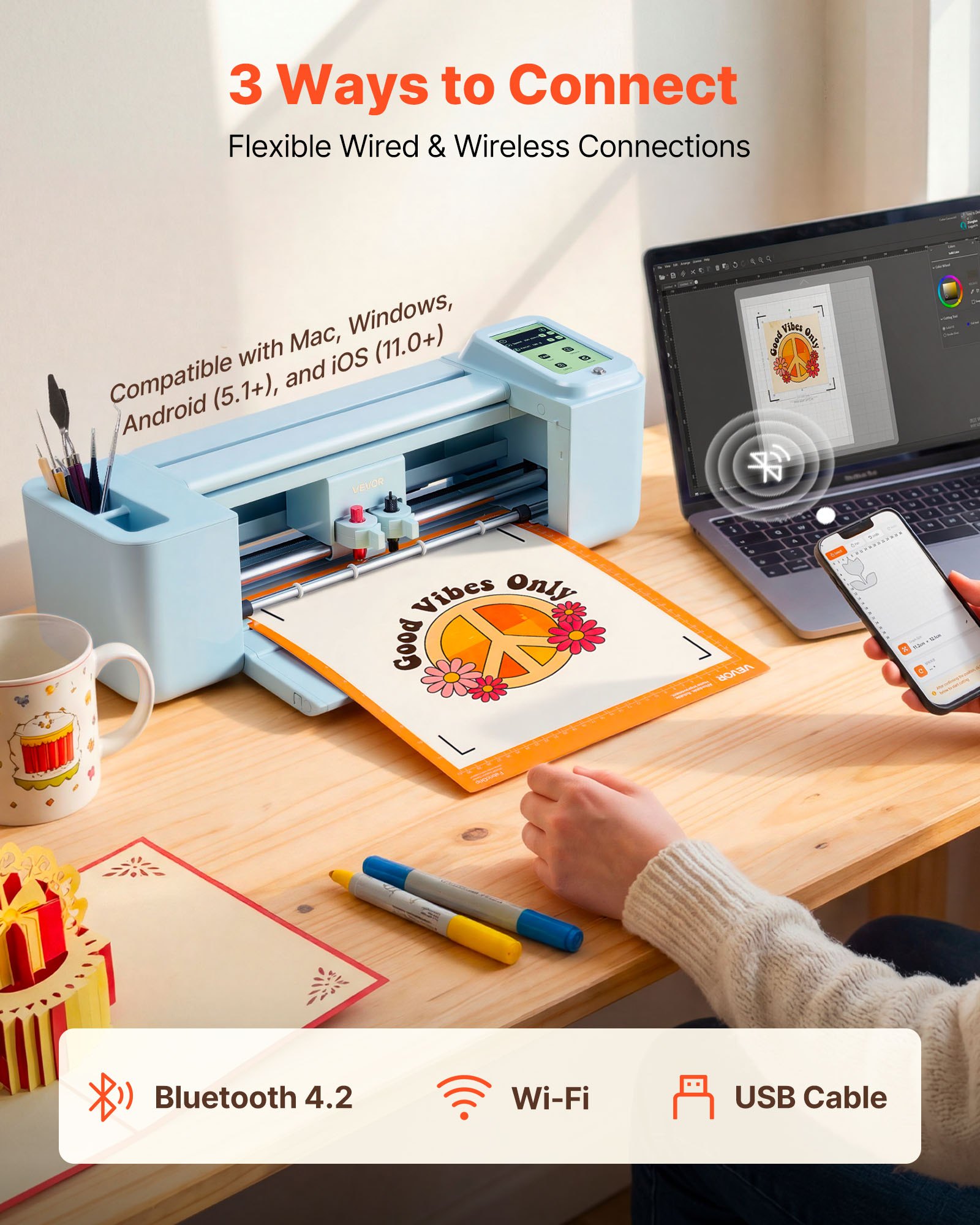 VEVOR Vinyl Cutting Machine, 305 mm, Touchscreen-Controlled Vinyl Cutter with Materials and Tool Kit, 20000+ Built-in Design Resources, Compatible with Mac, Windows, Android, iOS, for Customized Cards