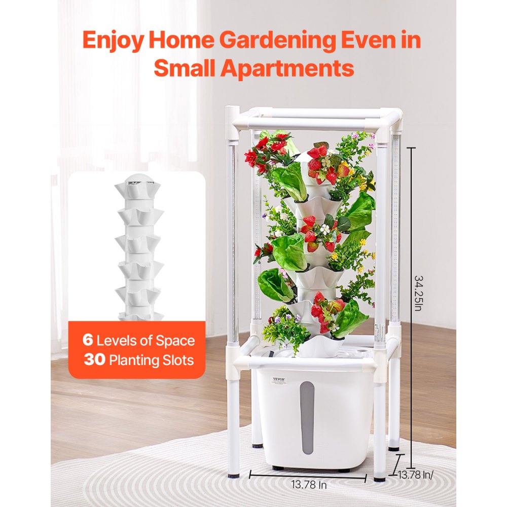 VEVOR Hydroponic Growing System with Grow Light, 30 Pods Vertical 6 Tiers Hydroponic Tower, Home Hydronic Garden with Water Pump, Plants Germination Kit for Indoor Herbs, Fruits and Vegetables