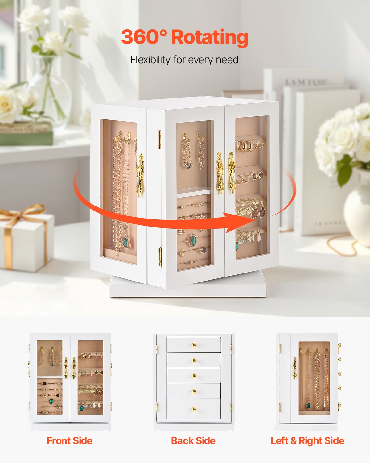 VEVOR Jewelry Box, 360° Rotating Jewelry Organizer with 5 Drawers, Acrylic Window, 4 Necklace Hooks on Each Side, Spacious Storage Case with Metal Handles, Bottom Pad and Soft Velvet Lining, White