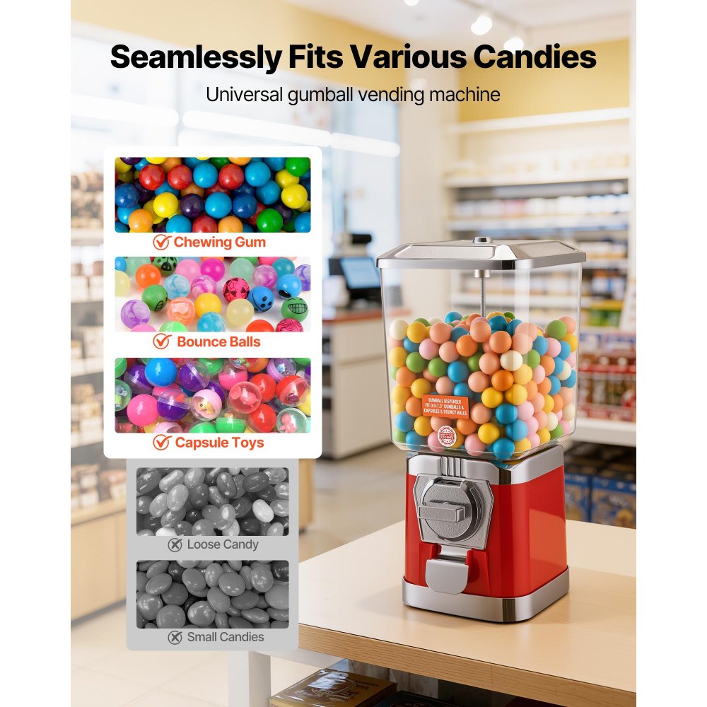 VEVOR Gumball Machine for Kids, 17"H Home Candy Vending Machine, PC Gumball Dispenser, Bubble Gum Machine for Game Stores, Coin Operated Gumball Bank for Toy Capsules Bouncy Balls Candy, Red