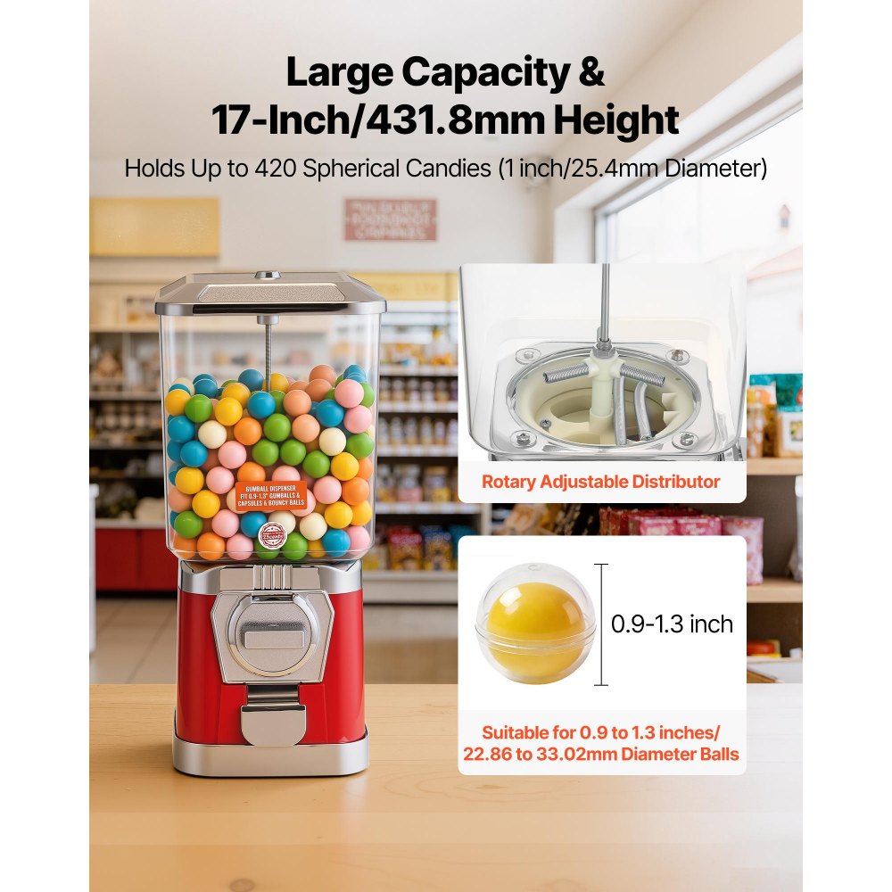 VEVOR Gumball Machine for Kids, 17"H Home Candy Vending Machine, PC Gumball Dispenser, Bubble Gum Machine for Game Stores, Coin Operated Gumball Bank for Toy Capsules Bouncy Balls Candy, Red