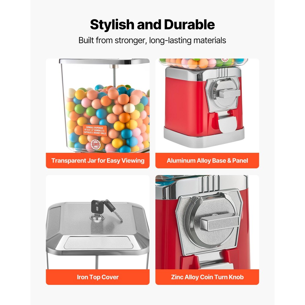 VEVOR Gumball Machine for Kids, 17"H Home Candy Vending Machine, PC Gumball Dispenser, Bubble Gum Machine for Game Stores, Coin Operated Gumball Bank for Toy Capsules Bouncy Balls Candy, Red