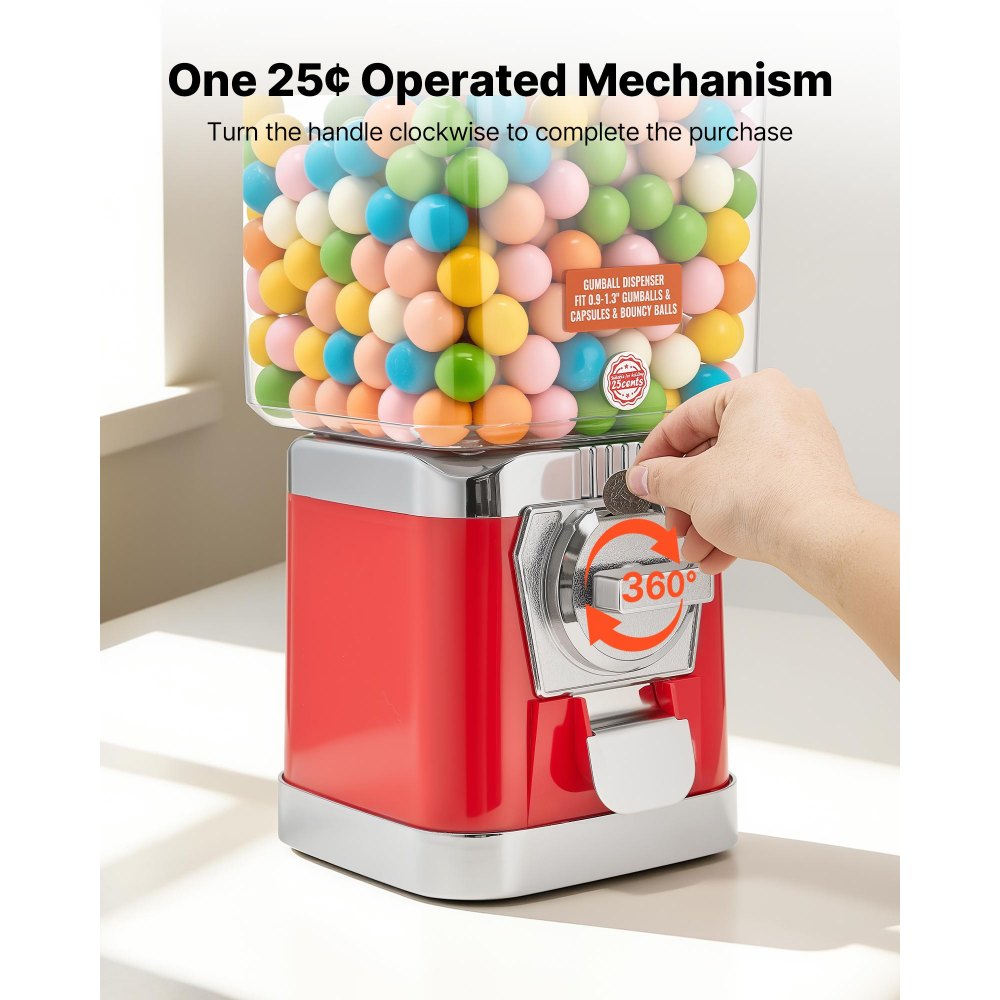 VEVOR Gumball Machine for Kids, 17"H Home Candy Vending Machine, PC Gumball Dispenser, Bubble Gum Machine for Game Stores, Coin Operated Gumball Bank for Toy Capsules Bouncy Balls Candy, Red