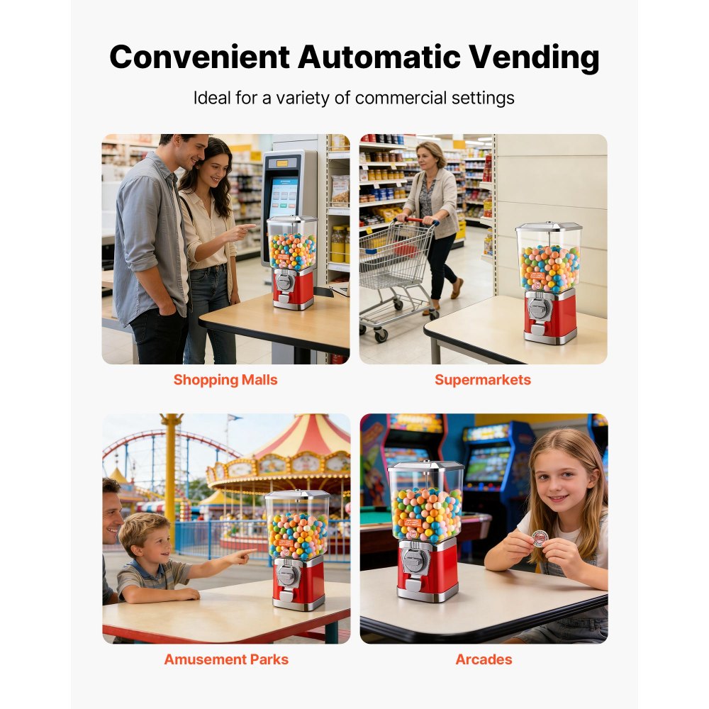 VEVOR Gumball Machine for Kids, 17"H Home Candy Vending Machine, PC Gumball Dispenser, Bubble Gum Machine for Game Stores, Coin Operated Gumball Bank for Toy Capsules Bouncy Balls Candy, Red