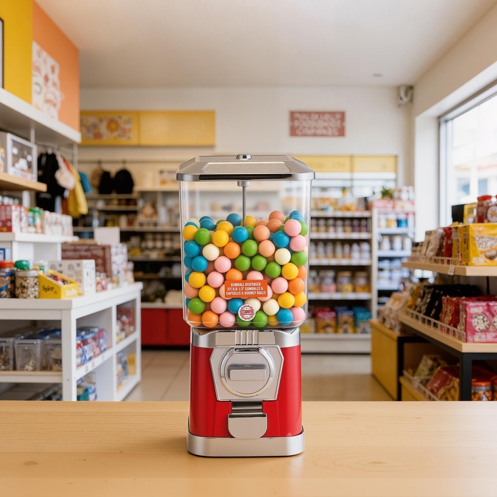 VEVOR Gumball Machine for Kids, 17"H Home Candy Vending Machine, PC Gumball Dispenser, Bubble Gum Machine for Game Stores, Coin Operated Gumball Bank for Toy Capsules Bouncy Balls Candy, Red