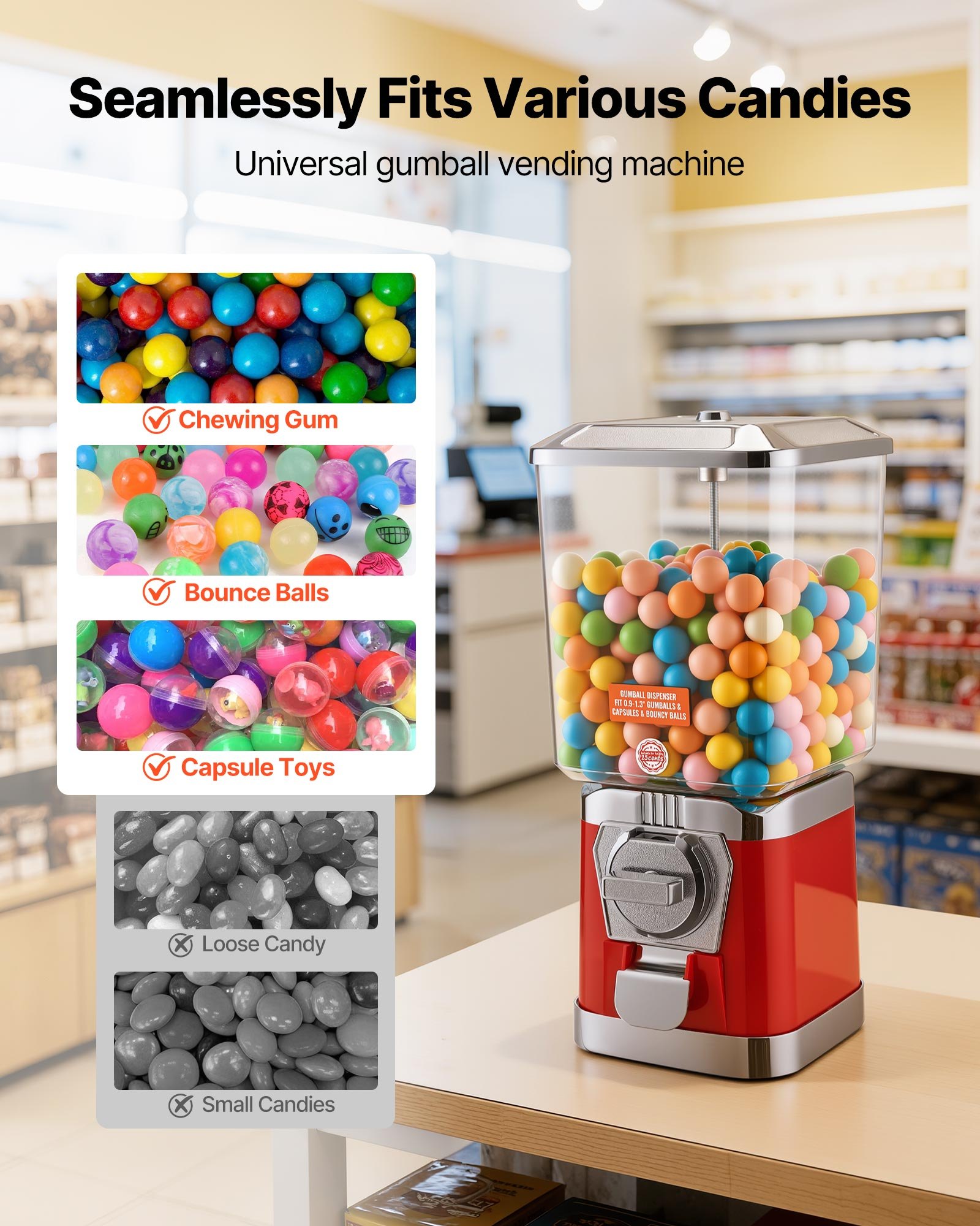 VEVOR Gumball Machine for Kids, 17"H Home Candy Vending Machine, PC Gumball Dispenser, Bubble Gum Machine for Game Stores, Coin Operated Gumball Bank for Toy Capsules Bouncy Balls Candy, Red