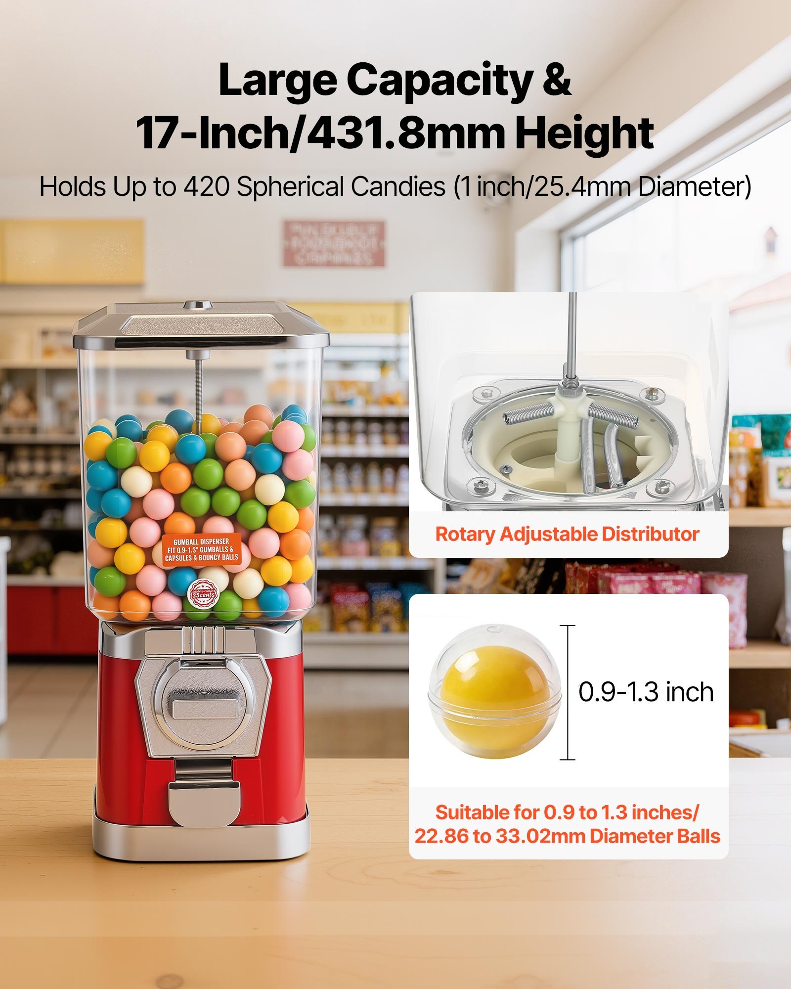 VEVOR Gumball Machine for Kids, 17"H Home Candy Vending Machine, PC Gumball Dispenser, Bubble Gum Machine for Game Stores, Coin Operated Gumball Bank for Toy Capsules Bouncy Balls Candy, Red