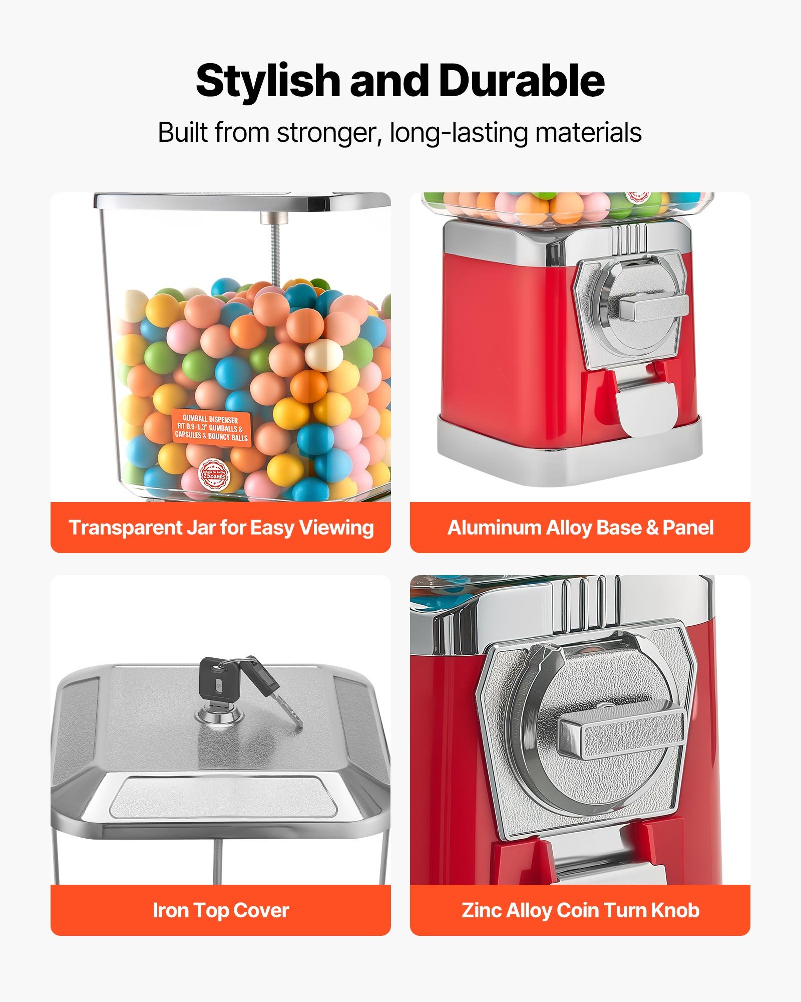 VEVOR Gumball Machine for Kids, 17"H Home Candy Vending Machine, PC Gumball Dispenser, Bubble Gum Machine for Game Stores, Coin Operated Gumball Bank for Toy Capsules Bouncy Balls Candy, Red