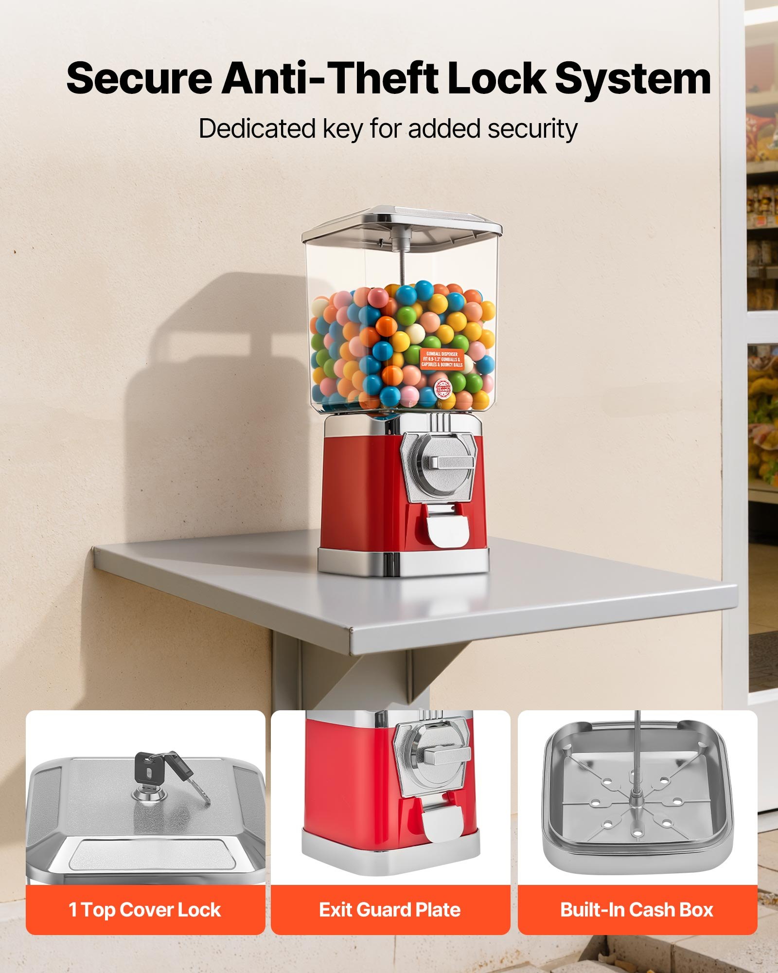 VEVOR Gumball Machine for Kids, 17"H Home Candy Vending Machine, PC Gumball Dispenser, Bubble Gum Machine for Game Stores, Coin Operated Gumball Bank for Toy Capsules Bouncy Balls Candy, Red