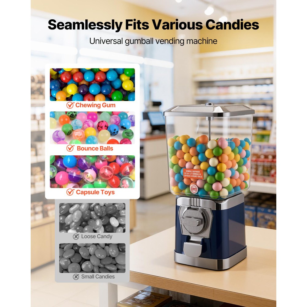 VEVOR Gumball Machine for Kids, 17"H Home Candy Vending Machine, PC Gumball Dispenser, Bubble Gum Machine for Game Stores, Coin Operated Gumball Bank for Toy Capsules Bouncy Balls Candy, Blue