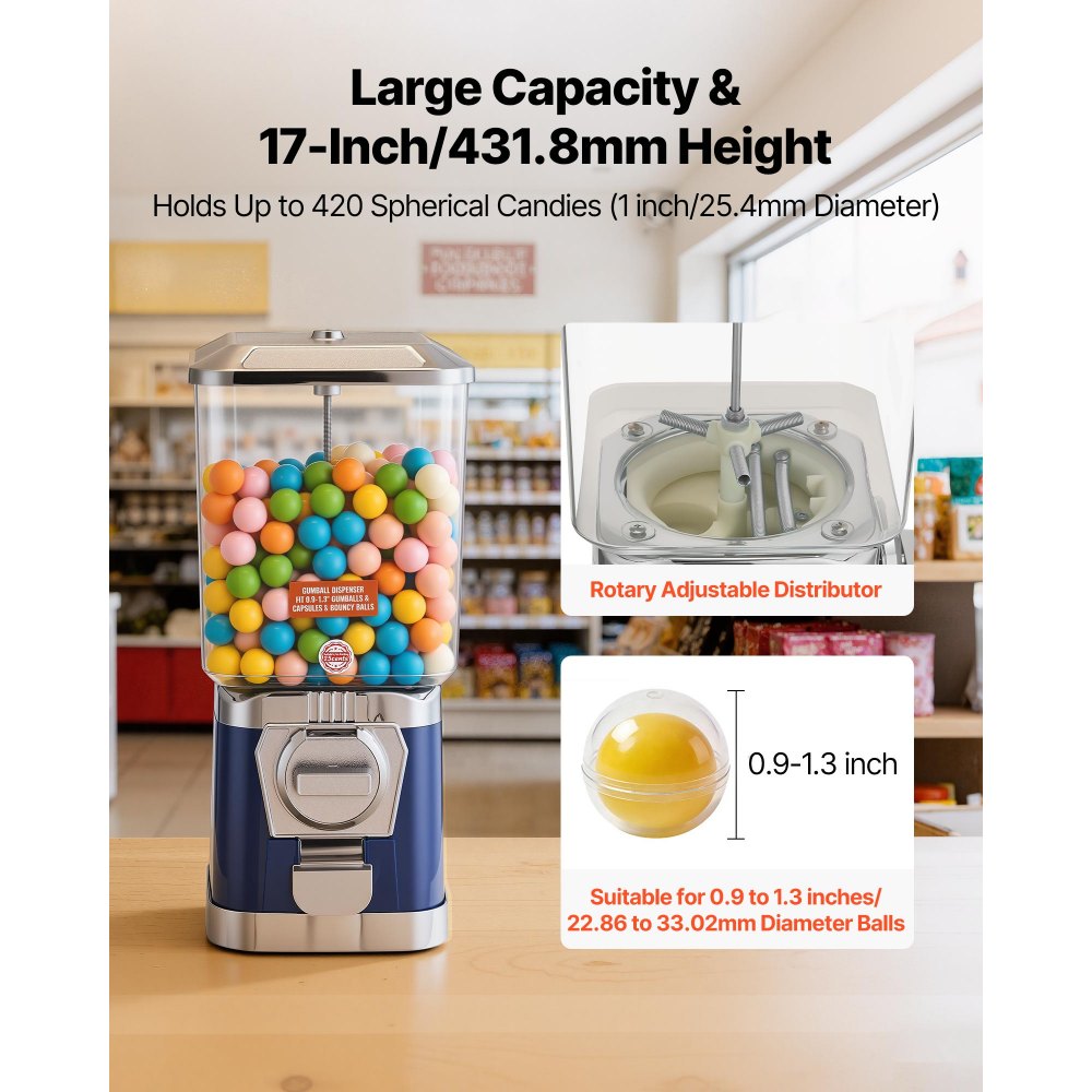 VEVOR Gumball Machine for Kids, 17"H Home Candy Vending Machine, PC Gumball Dispenser, Bubble Gum Machine for Game Stores, Coin Operated Gumball Bank for Toy Capsules Bouncy Balls Candy, Blue