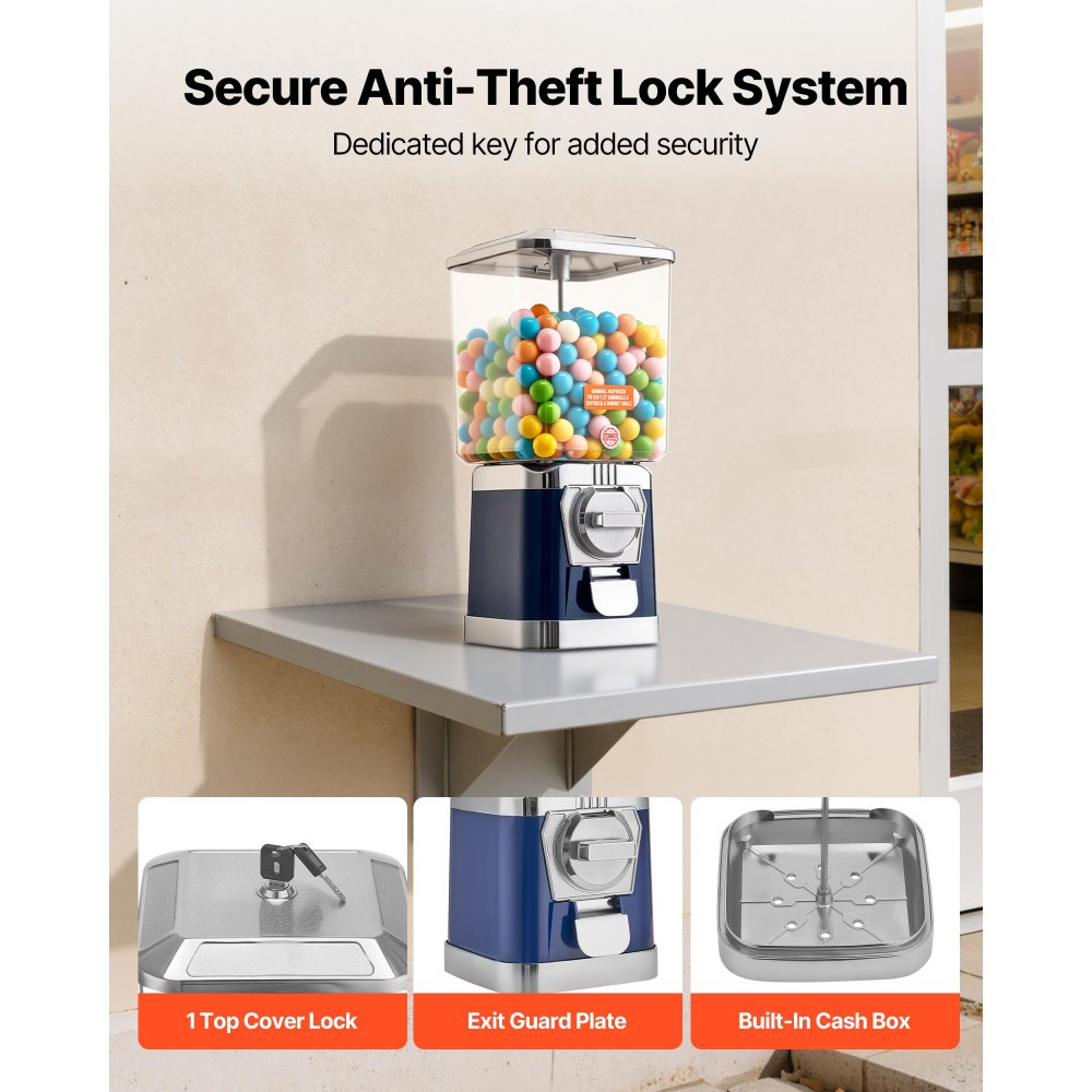 VEVOR Gumball Machine for Kids, 17"H Home Candy Vending Machine, PC Gumball Dispenser, Bubble Gum Machine for Game Stores, Coin Operated Gumball Bank for Toy Capsules Bouncy Balls Candy, Blue