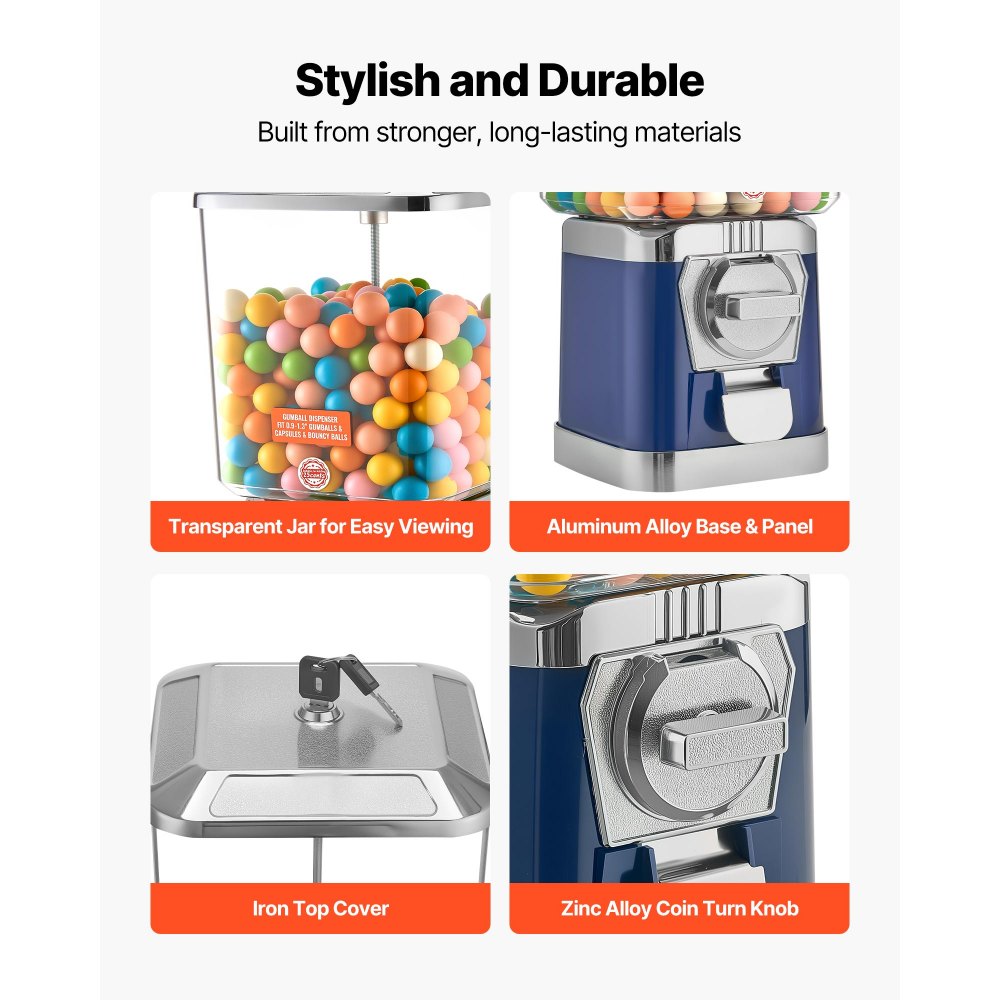 VEVOR Gumball Machine for Kids, 17"H Home Candy Vending Machine, PC Gumball Dispenser, Bubble Gum Machine for Game Stores, Coin Operated Gumball Bank for Toy Capsules Bouncy Balls Candy, Blue