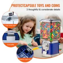 VEVOR Gumball Machine for Kids, 17"H Home Candy Vending Machine, PC Gumball Dispenser, Bubble Gum Machine for Game Stores, Coin Operated Gumball Bank for Toy Capsules Bouncy Balls Candy, Blue