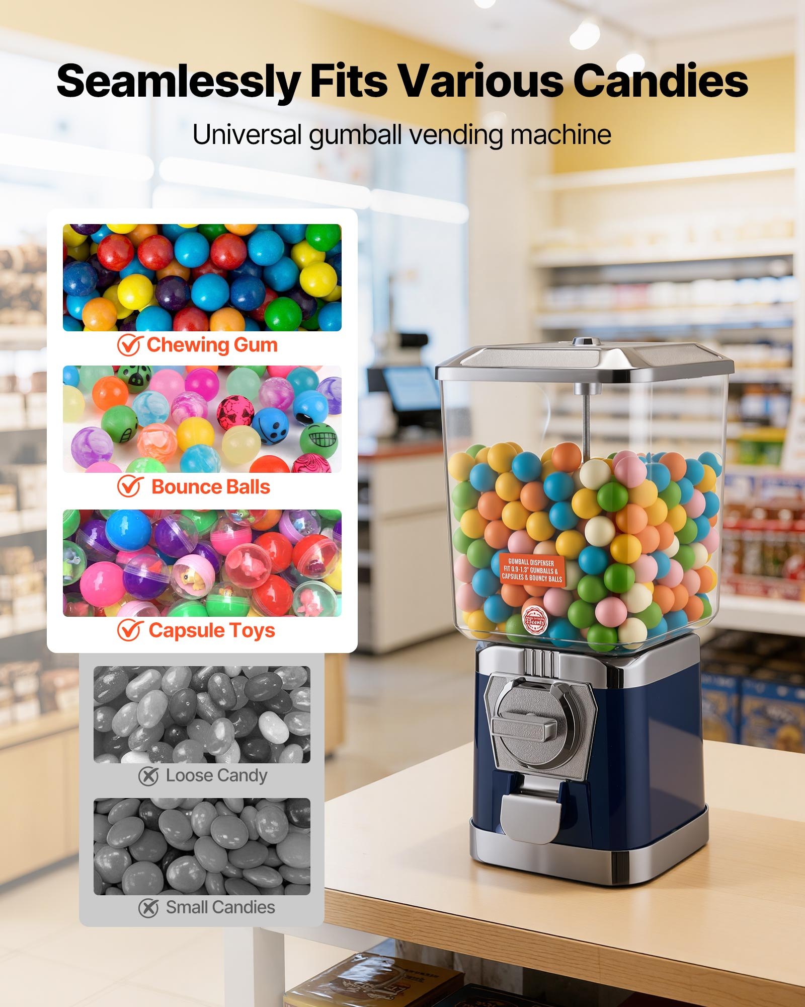 VEVOR Gumball Machine for Kids, 17"H Home Candy Vending Machine, PC Gumball Dispenser, Bubble Gum Machine for Game Stores, Coin Operated Gumball Bank for Toy Capsules Bouncy Balls Candy, Blue