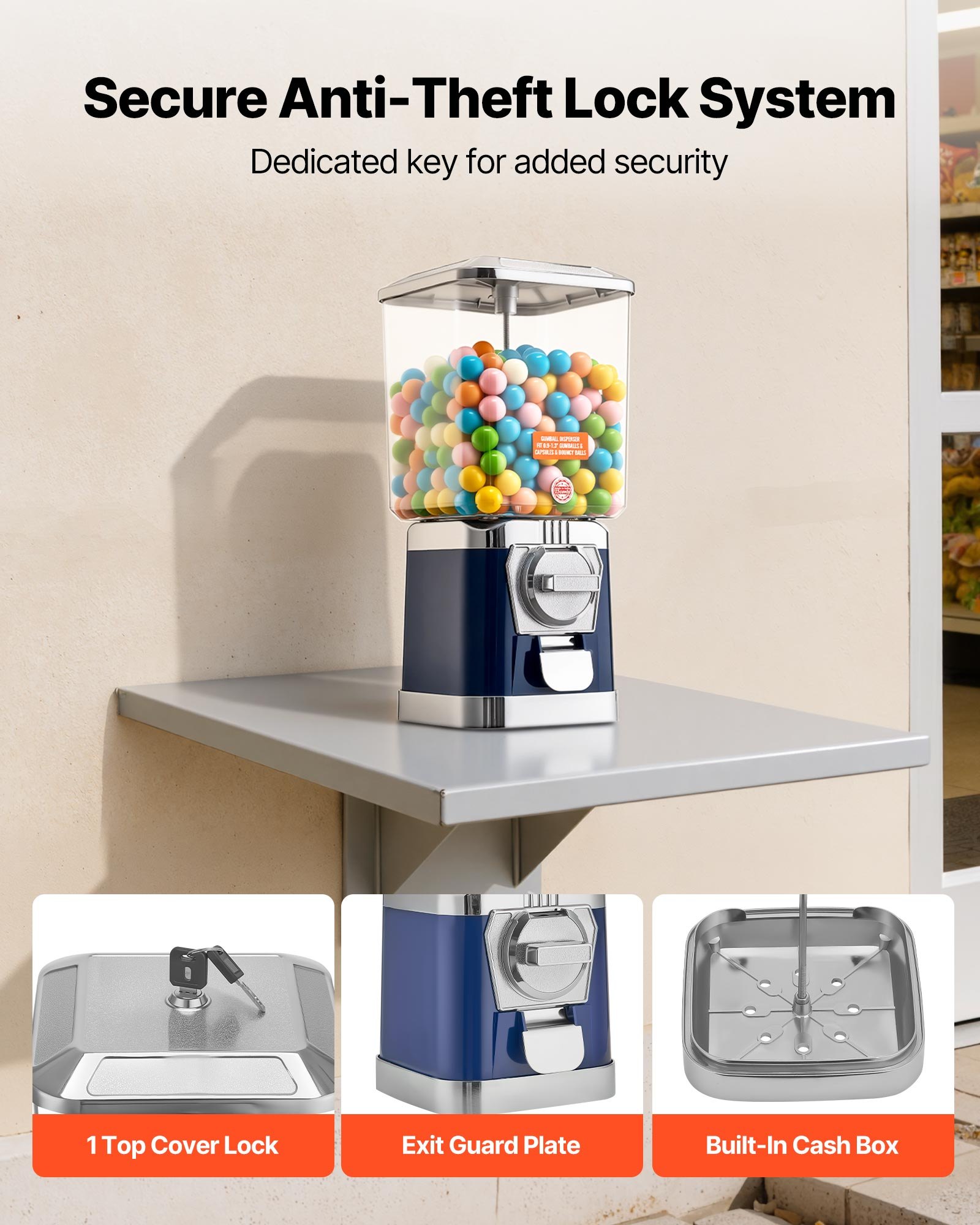 VEVOR Gumball Machine for Kids, 17"H Home Candy Vending Machine, PC Gumball Dispenser, Bubble Gum Machine for Game Stores, Coin Operated Gumball Bank for Toy Capsules Bouncy Balls Candy, Blue